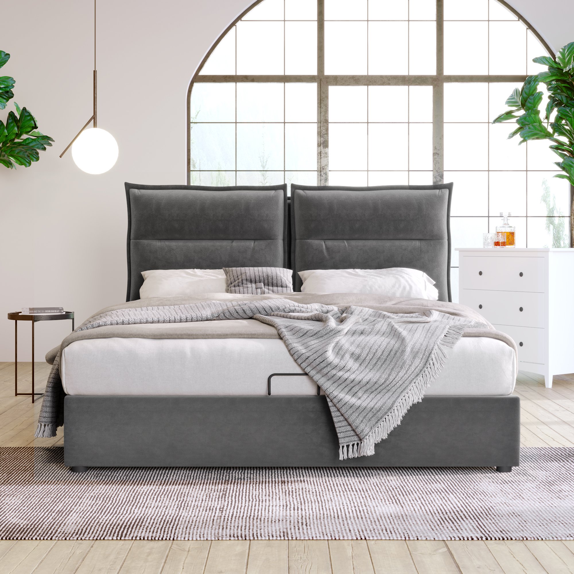 lit coffre 140x200 en velours gris avec tête de lit réglable et rangement hydraulique, incluant matelas