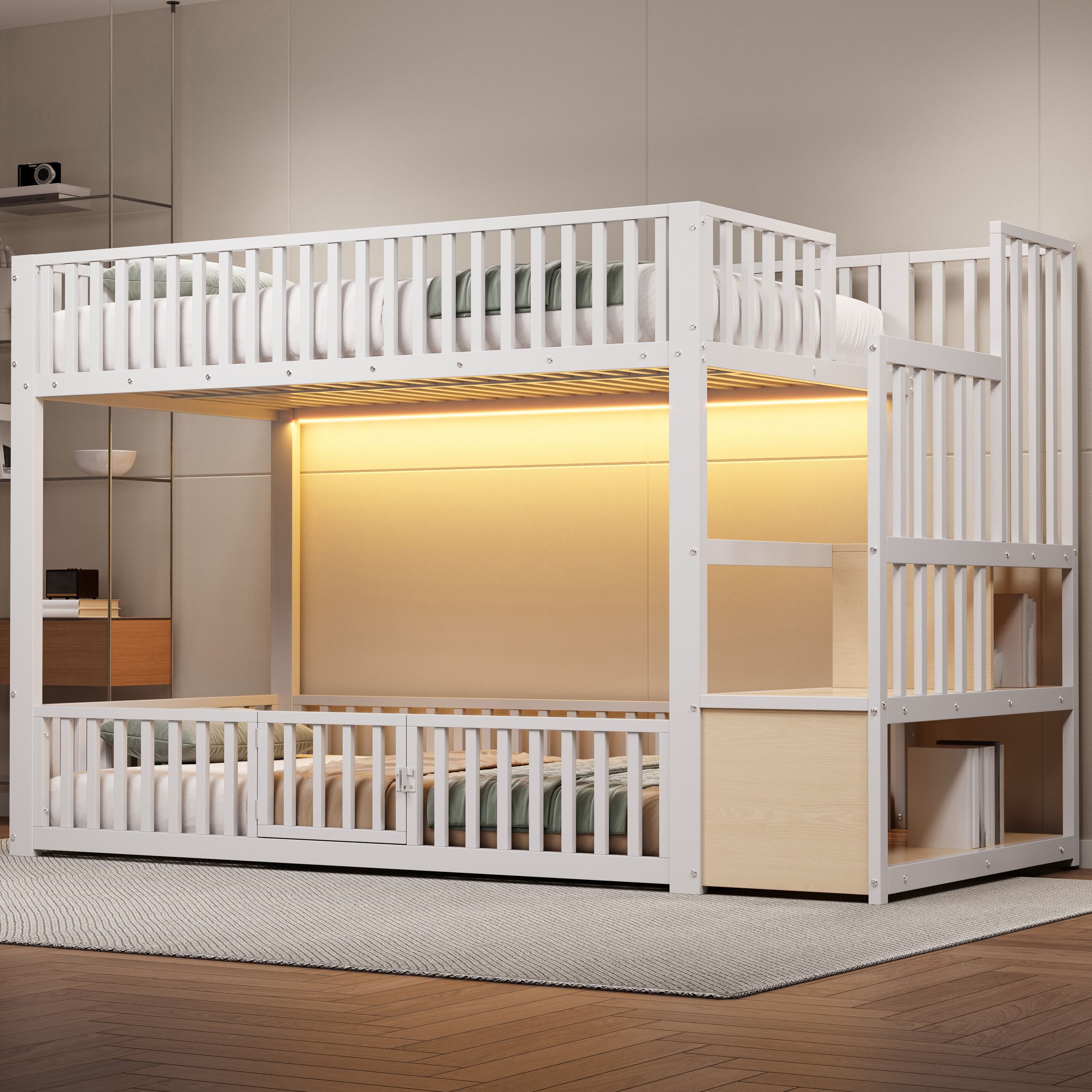 Lit superposé 90x200 avec échelle de rangement, LED, blanc, pour enfants
