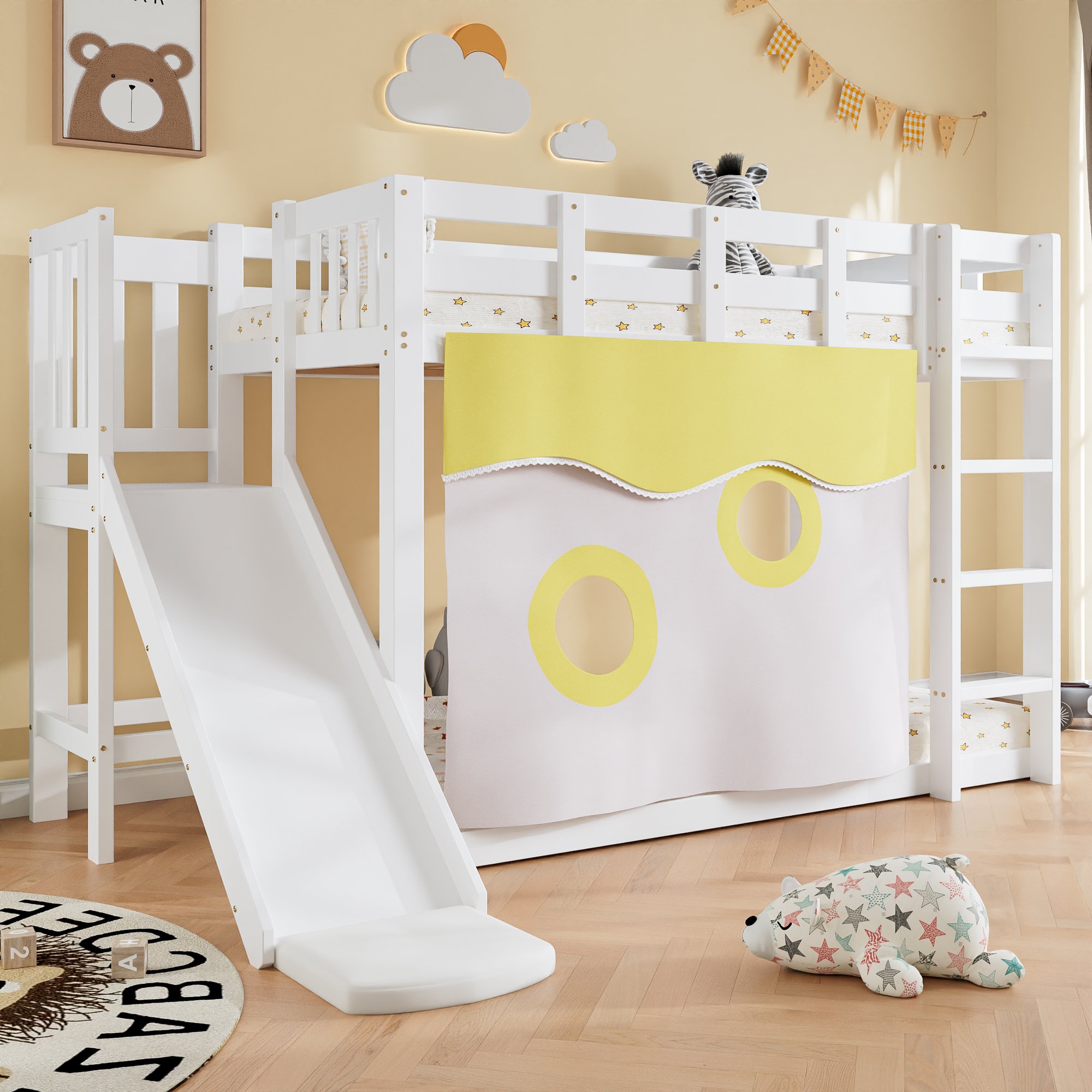 Lit superposé 90x200 pour enfant avec toboggan, rideau et rangement, 2 places