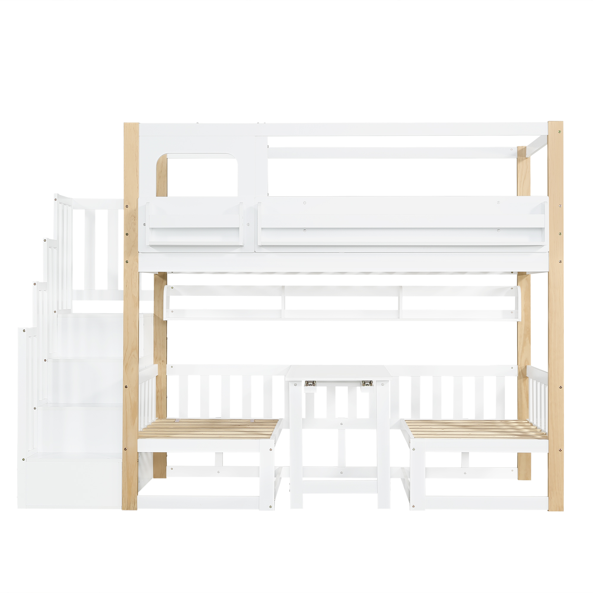 Lit superposé enfant 90x200 en bois blanc et naturel avec bureau rabattable et rangement