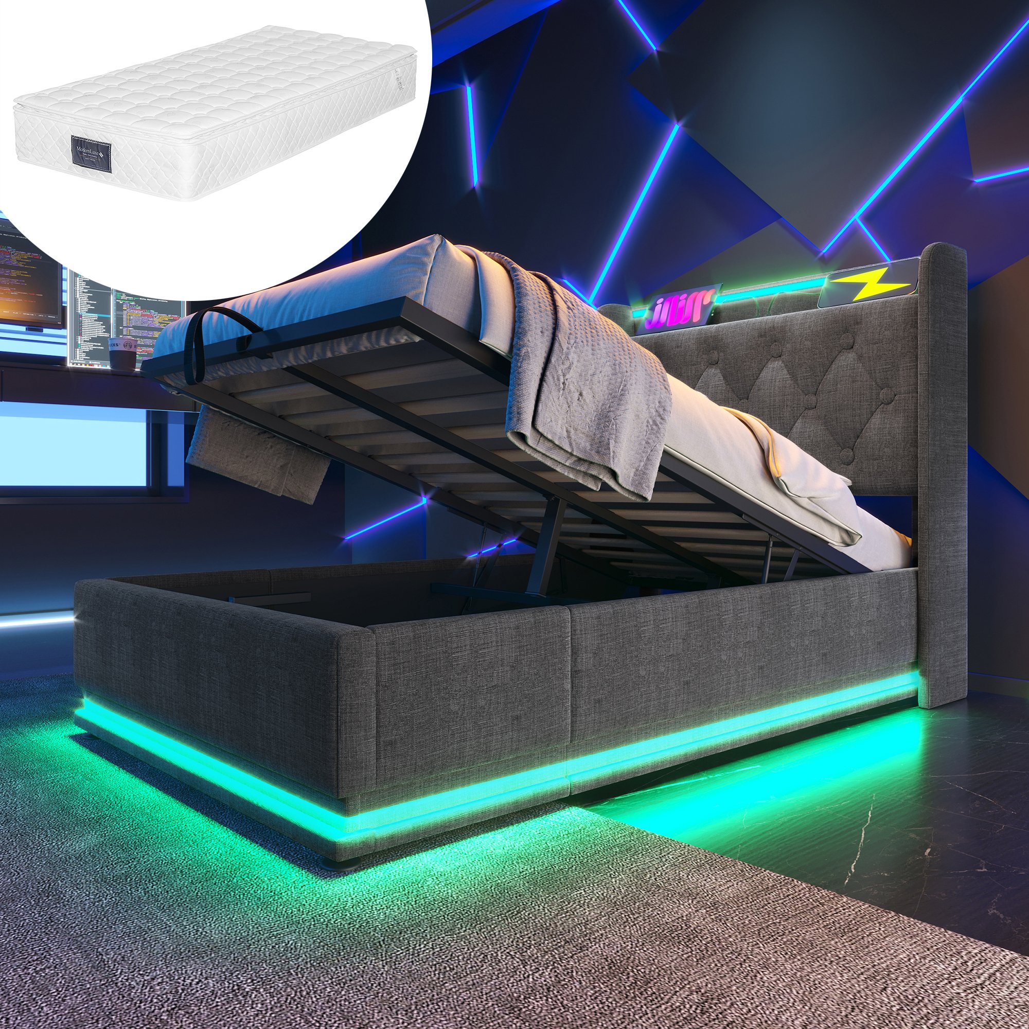 Lit coffre 90x200 gris avec LED, rangement hydraulique, tête de lit capitonnée USB Type-C et matelas inclus