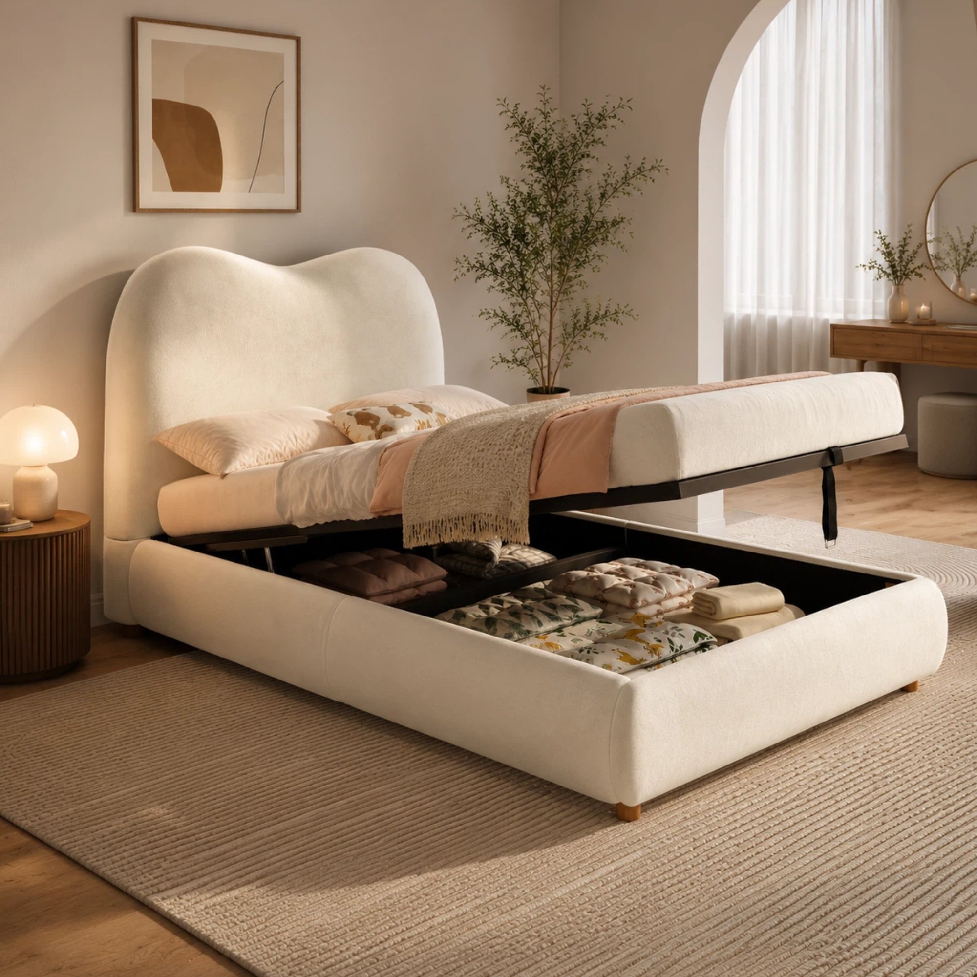 Lit coffre 90x200 beige en velours avec rangement caché, idéal pour chambre d'enfant, sécurité renforcée et confort optimal