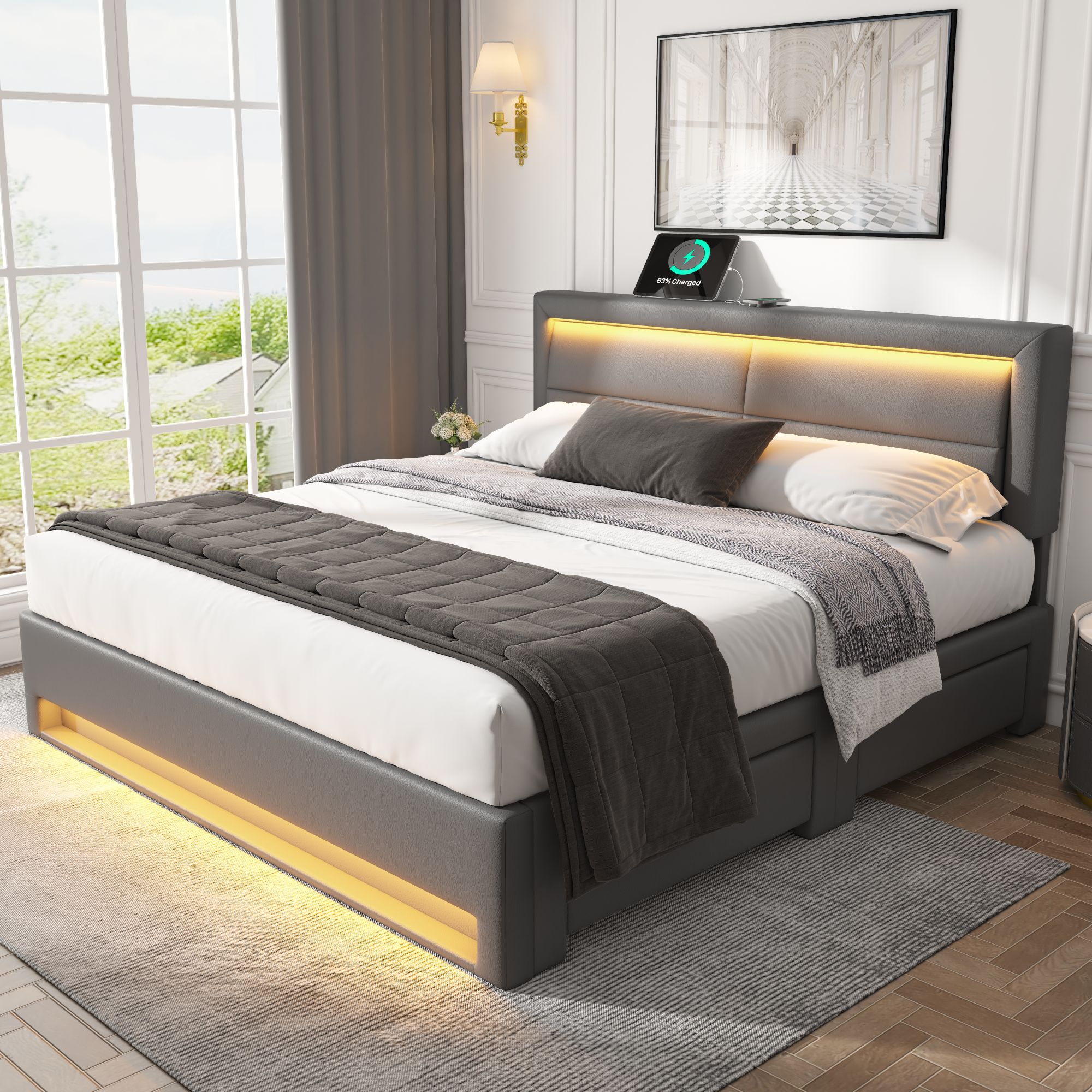 Lit rembourré 140x200cm avec LED et USB, 4 tiroirs de rangement, style contemporain gris, facile à monter soi-même