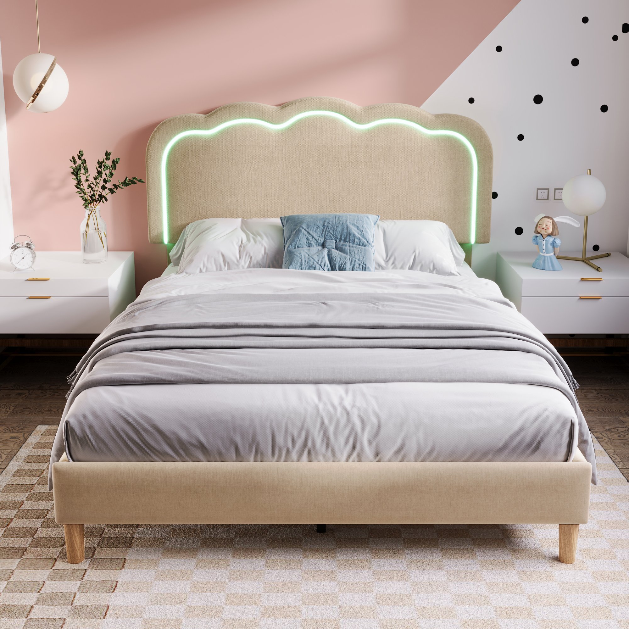 lit double rembourré 140x200 beige en lin, cadre avec sommier à lattes et tête de lit LED réglable