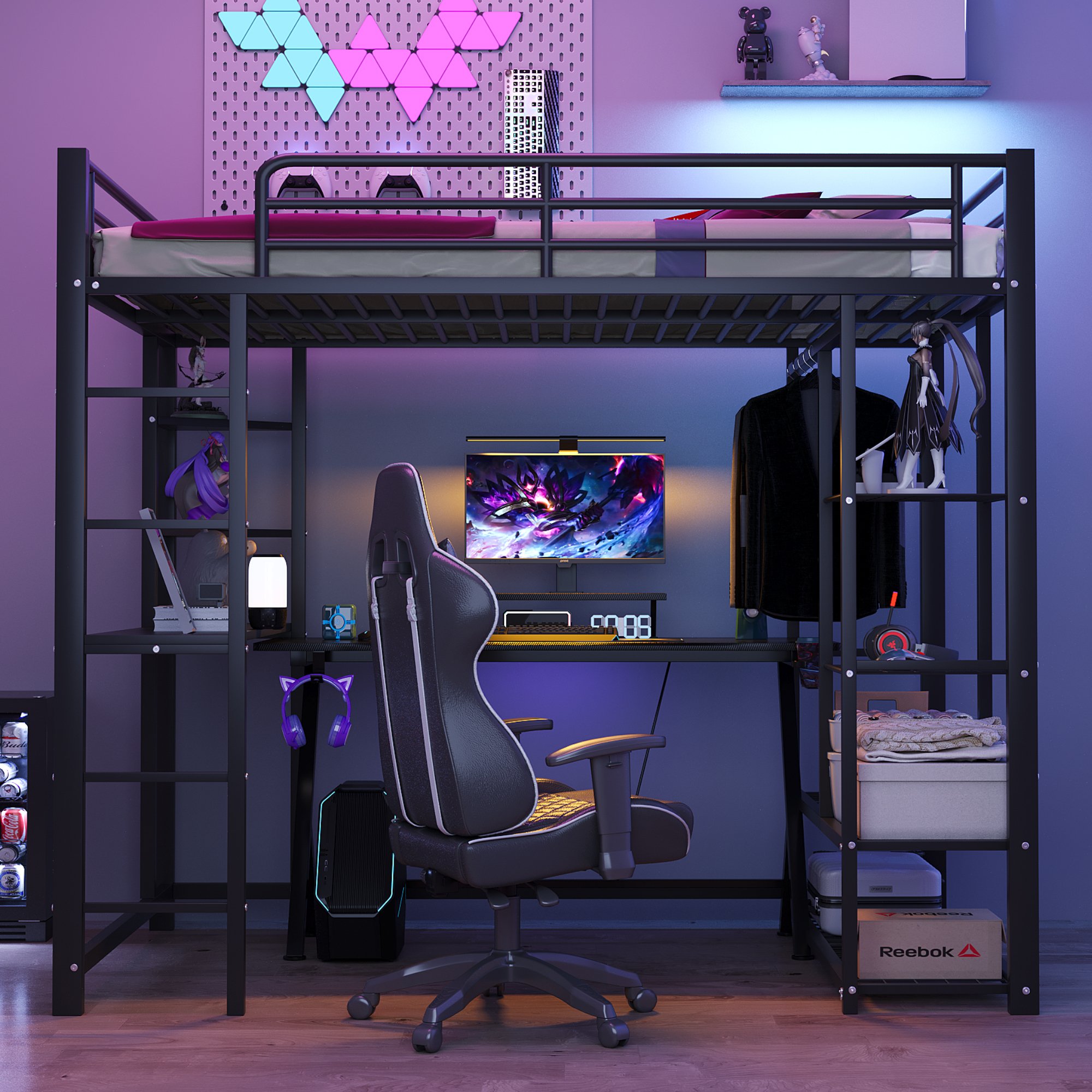 Lit mezzanine 90x200 en métal noir avec bureau, étagère et penderie