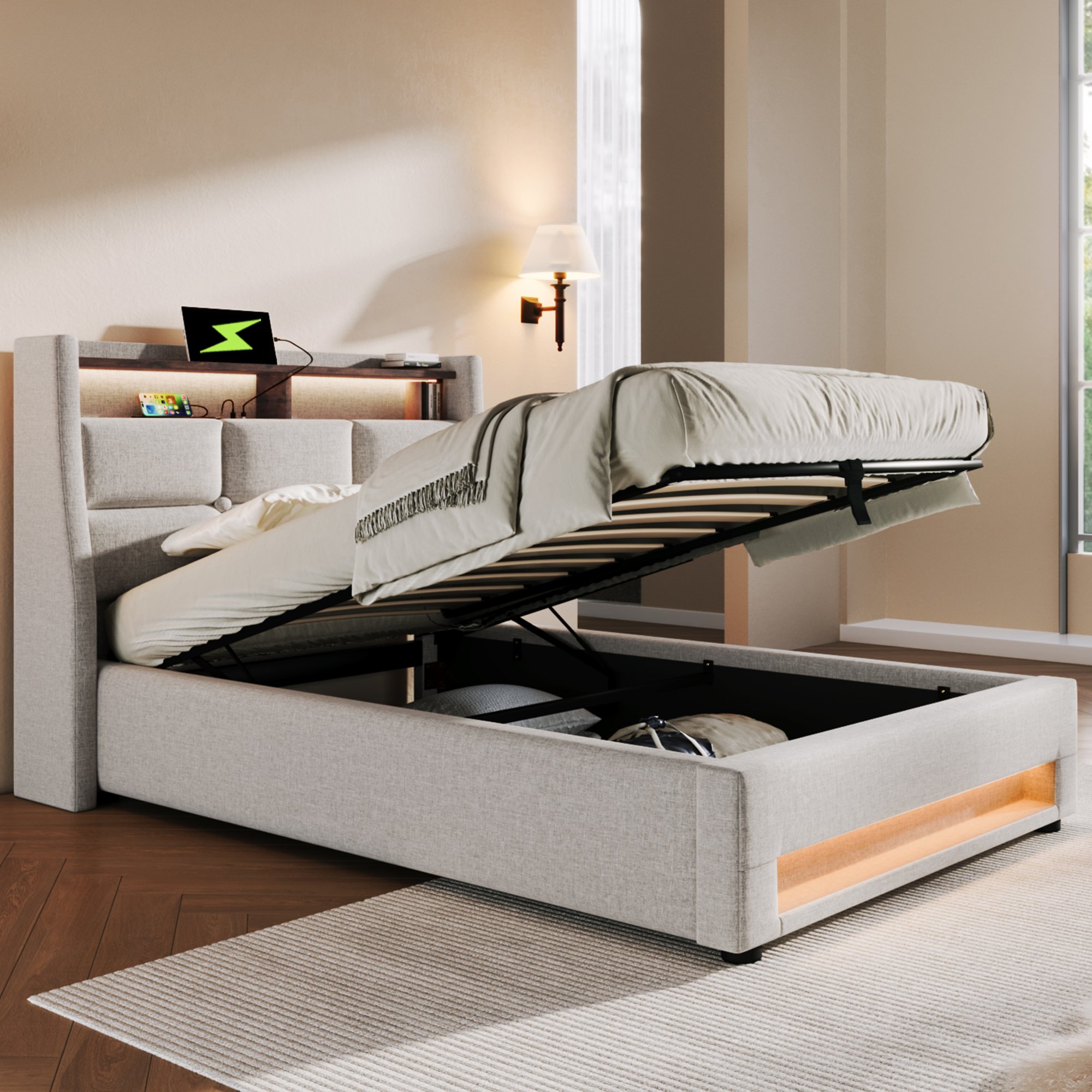 Lit LED 90x200 avec matelas, sommier à lattes, rangement coffre hydraulique et USB, tête de lit rembourrée beige en tissu lin