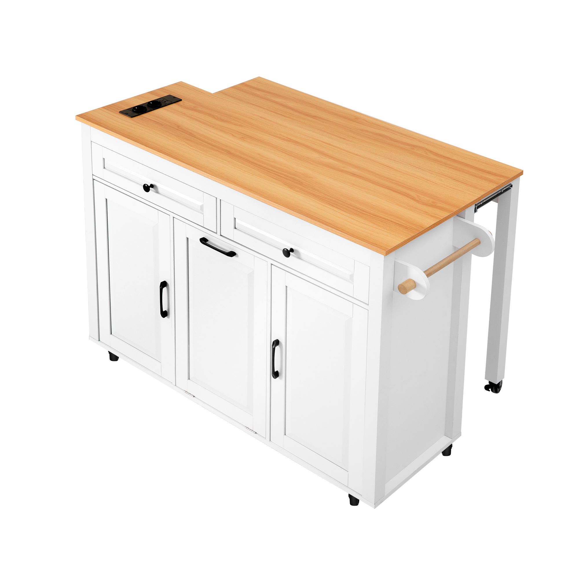Îlot de cuisine en Panneau composite de fibres de bois à densité blanc avec structure robuste, 7 roulettes dont 4 freinables, rangement avec étagères réglables et tiroir