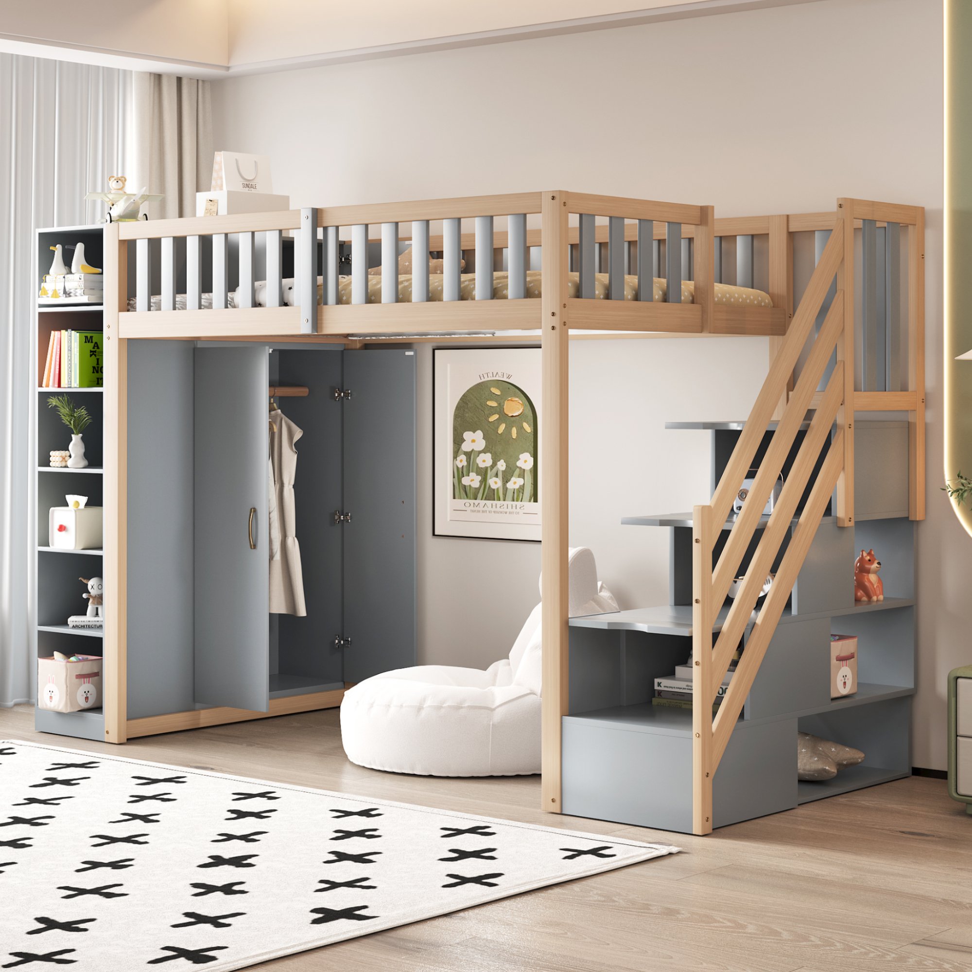 Lit mezzanine 90x200 cm avec placard intégré, étagères et échelle de rangement, pour enfant et adolescent