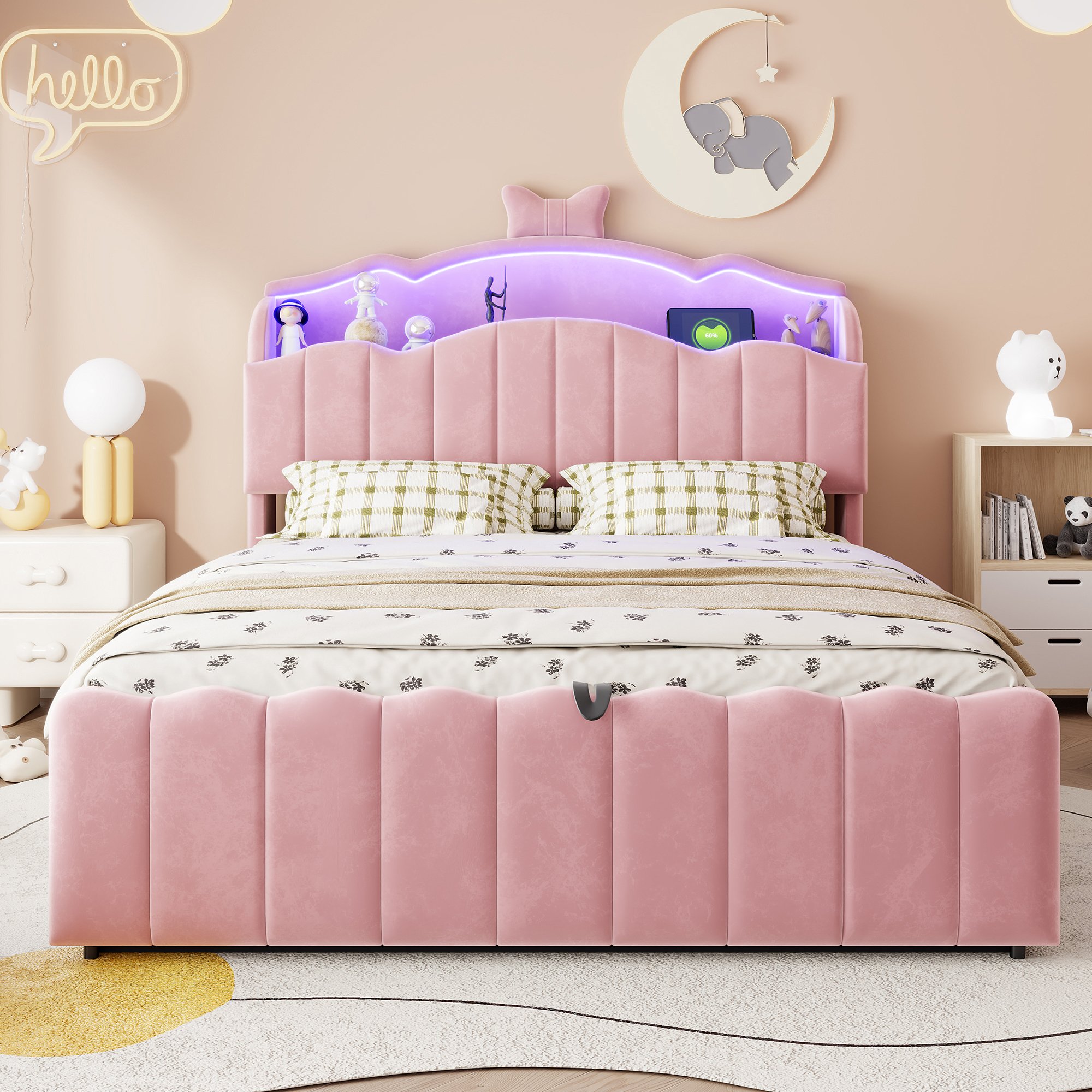 Lit coffre enfant 140x200 avec rangement hydraulique, tête de lit relevable et éclairage LED, ports USB et USB-C