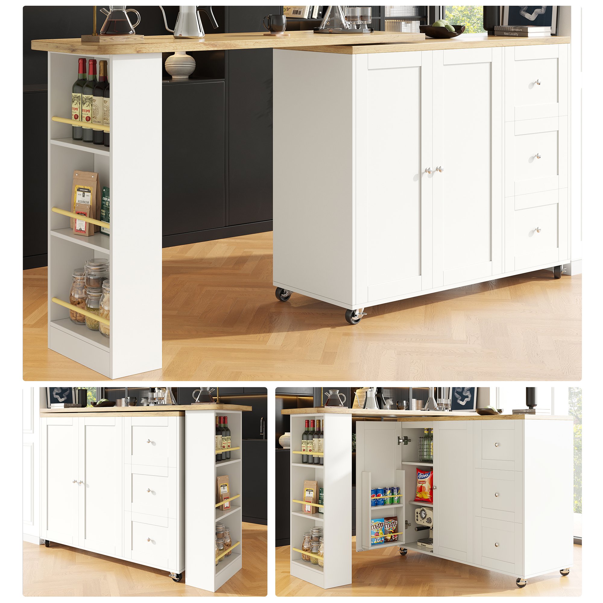 Îlot de cuisine blanc sur roulettes avec rangement, extensible 360°, 3 tiroirs, porte-snacks, en Panneau composite de fibres de bois à densité, pour cuisine et salon