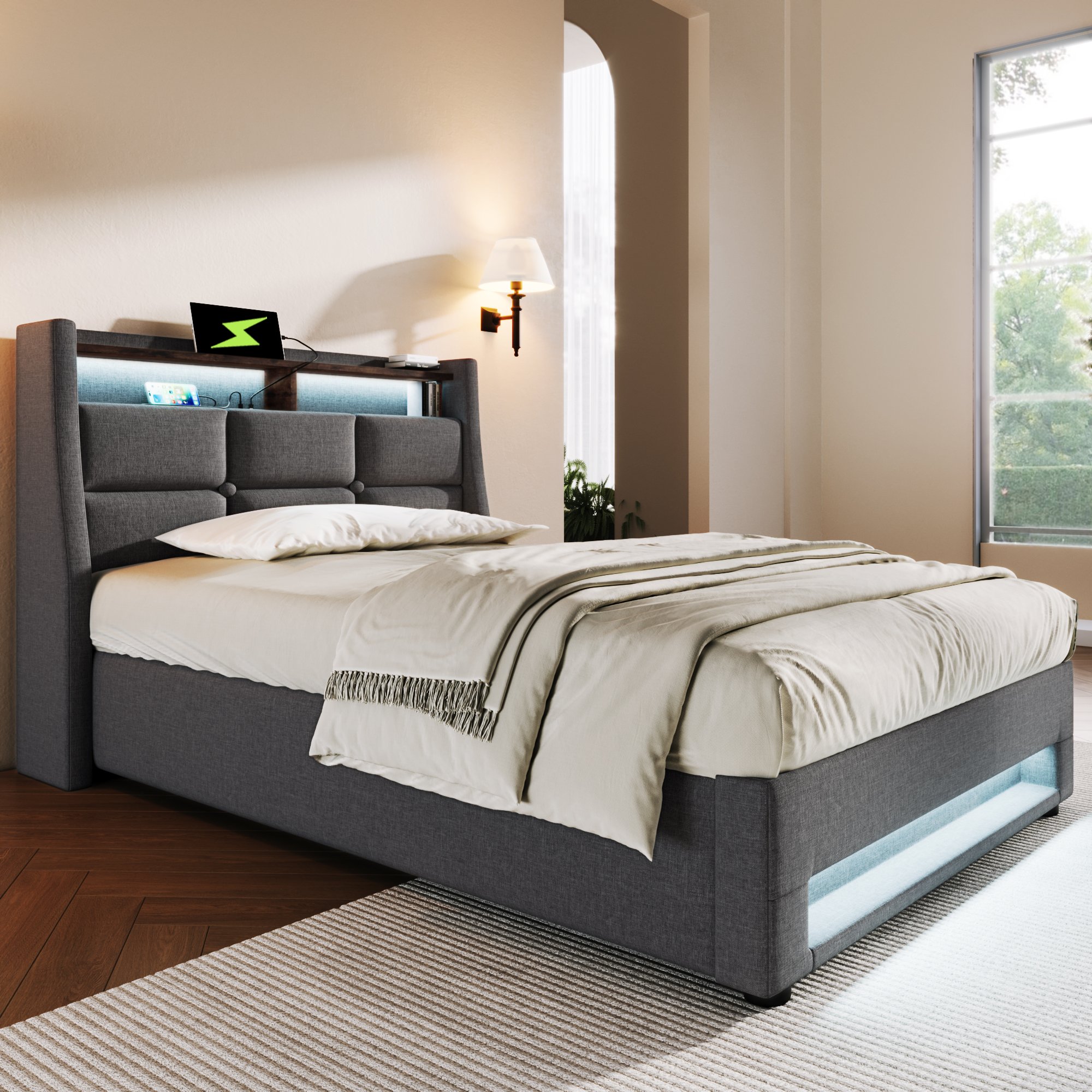 Lit LED 90x200 avec sommier à lattes, cadre de lit rembourré gris en tissu lin, ports USB intégrés et rangement sous le couchage