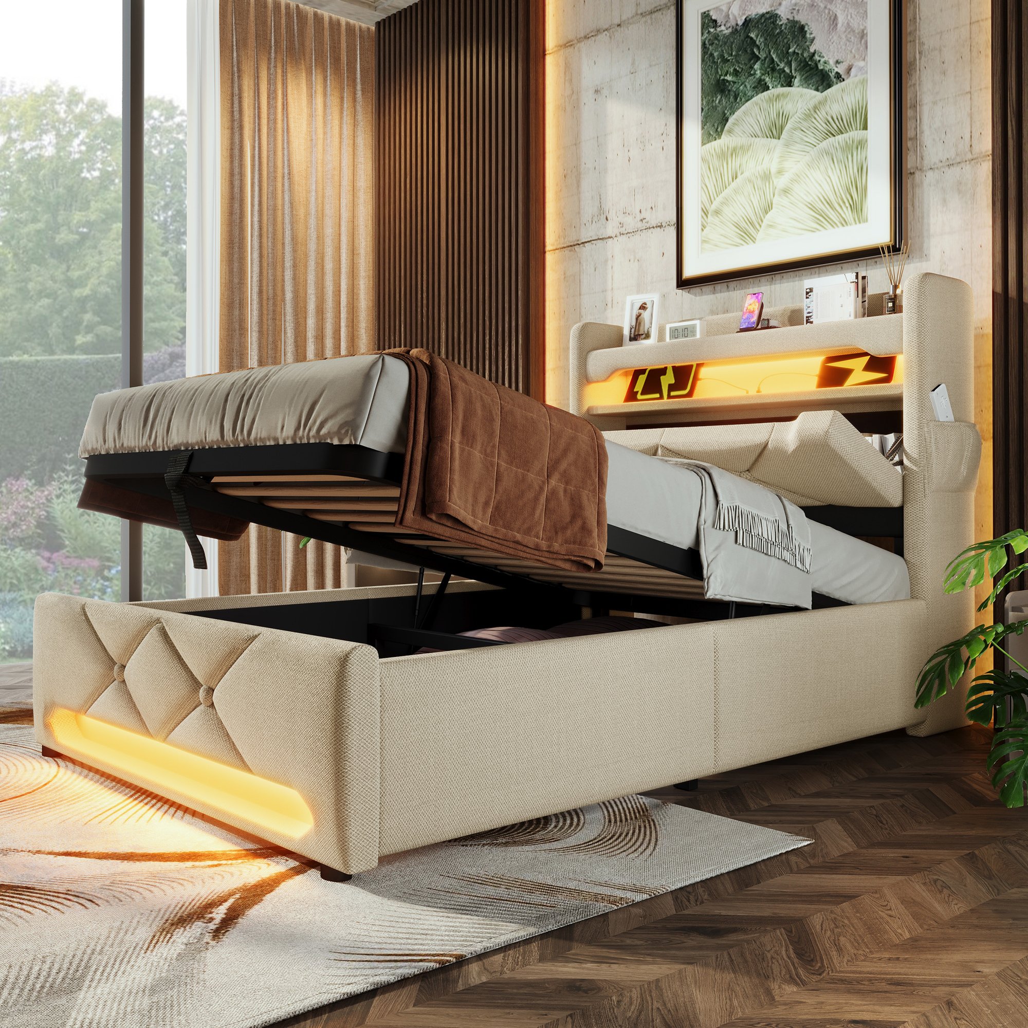 lit coffre 90x200 beige en tissu lin avec rangement hydraulique, LED 360°, ports USB Type-C et structure métallique robuste