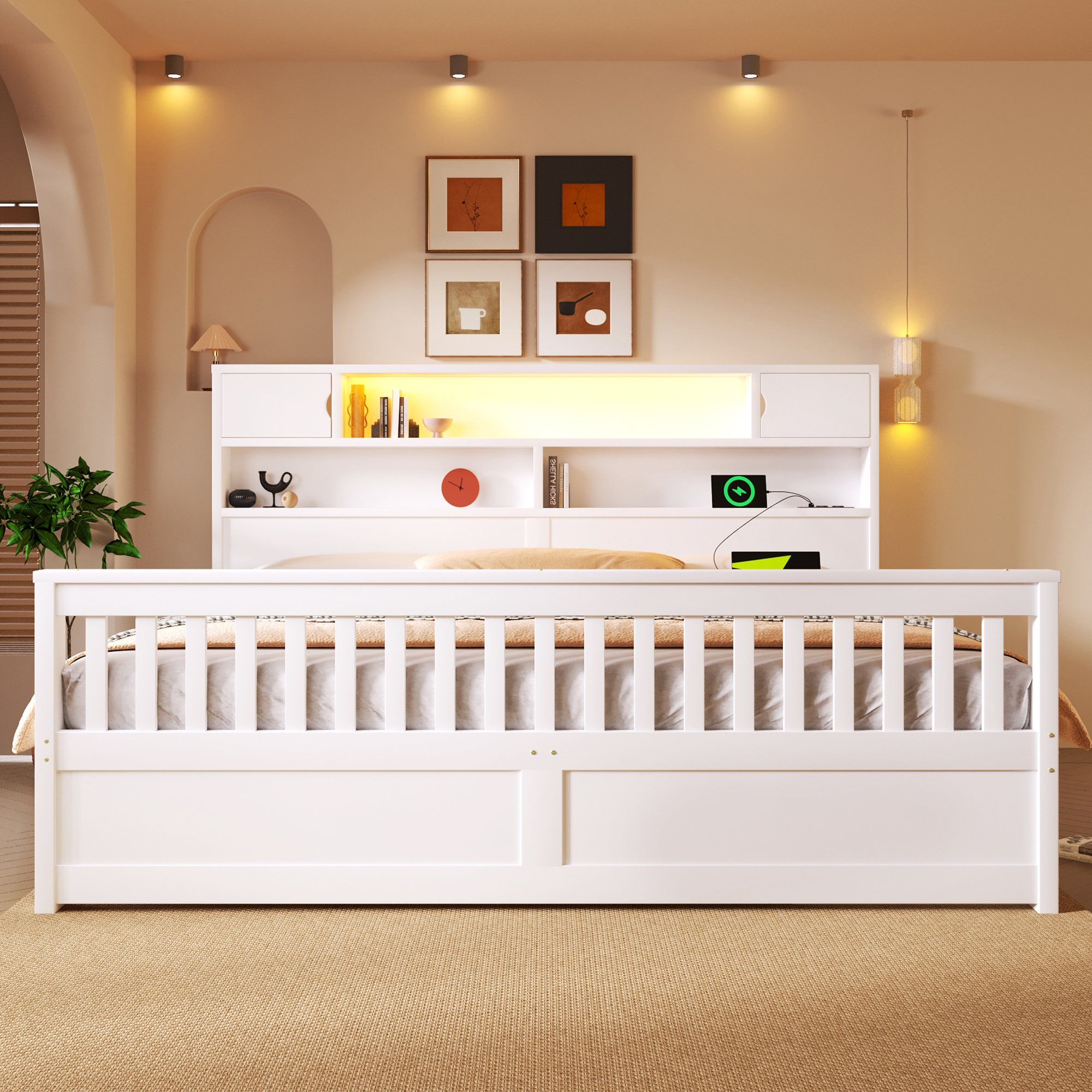 Lit coffre 180x200 en Panneau composite de fibres de bois à densité et contreplaqué, blanc, avec rangements et LED
