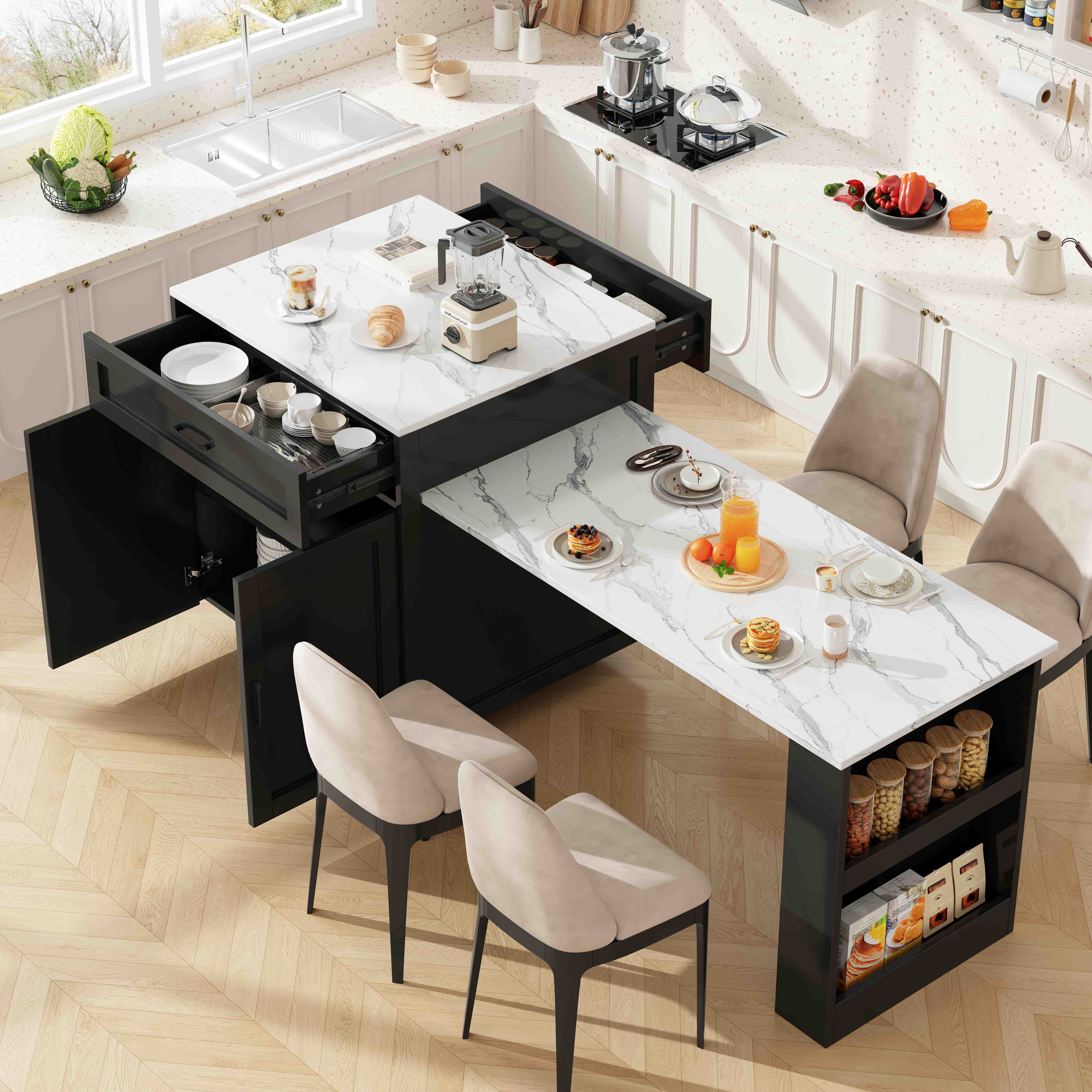 Îlot de cuisine avec rangement extensible noir, 2 tiroirs, 2 étagères, table de bar pour 2-6 personnes, sur roulettes