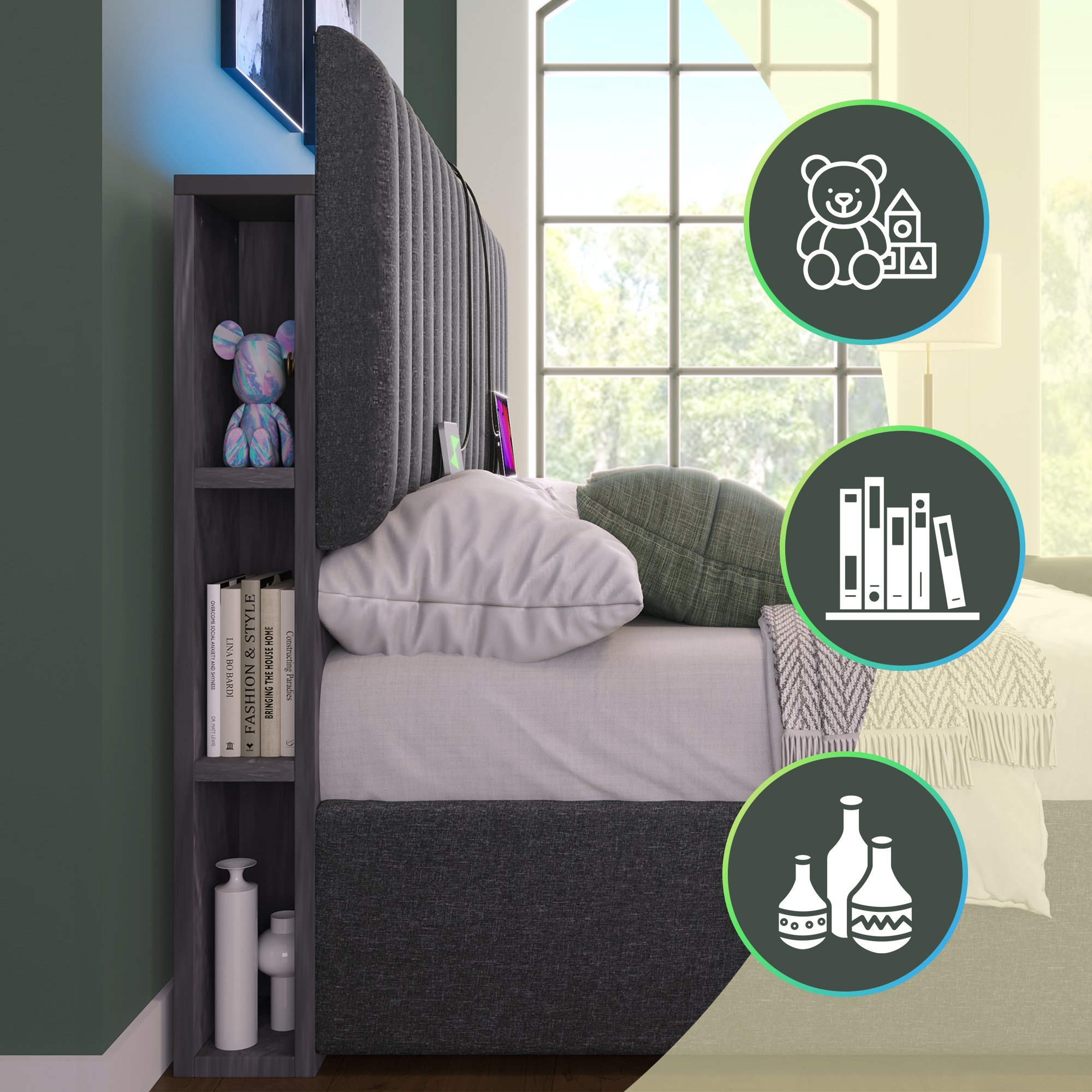 Lit coffre 160x200 gris avec LED et USB, lit double rembourré tissu lin, sommier à lattes bois et rangement hydraulique