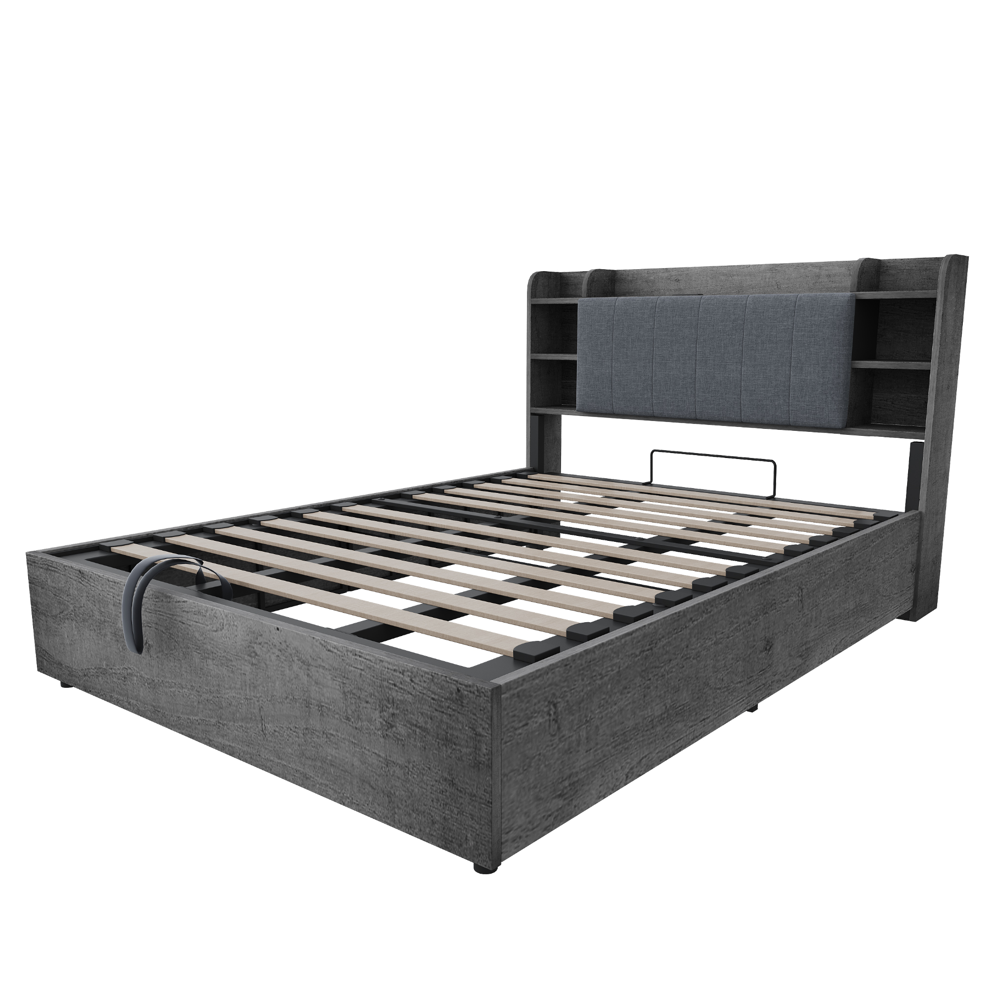 Lit coffre 180x200 en Panneau composite de fibres de bois à densité et contreplaqué, structure hydraulique, tête de lit avec rangement, gris, sans matelas