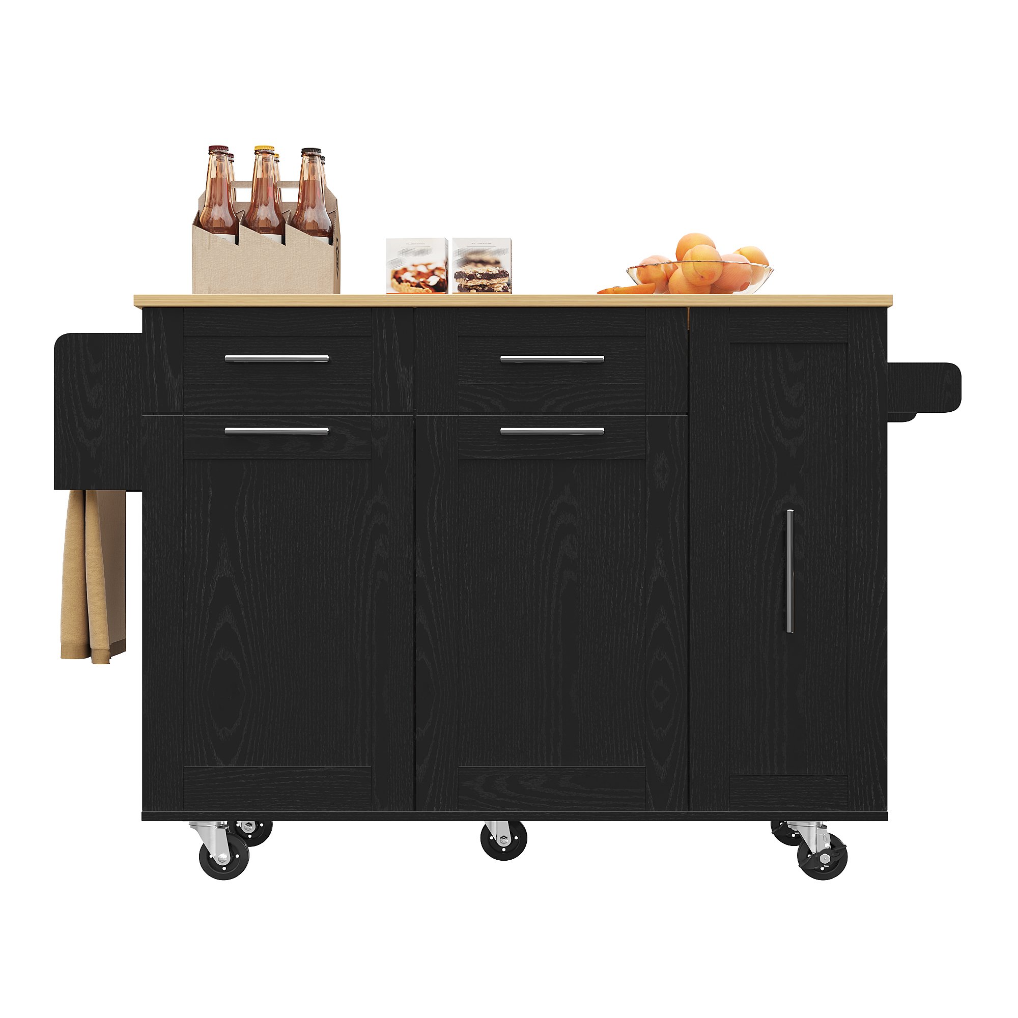Îlot de cuisine compact 110x46x90,5 cm, noir, avec rangement, table rabattable, étagères extensibles, roulettes, Panneau composite de fibres de bois à densité et métal