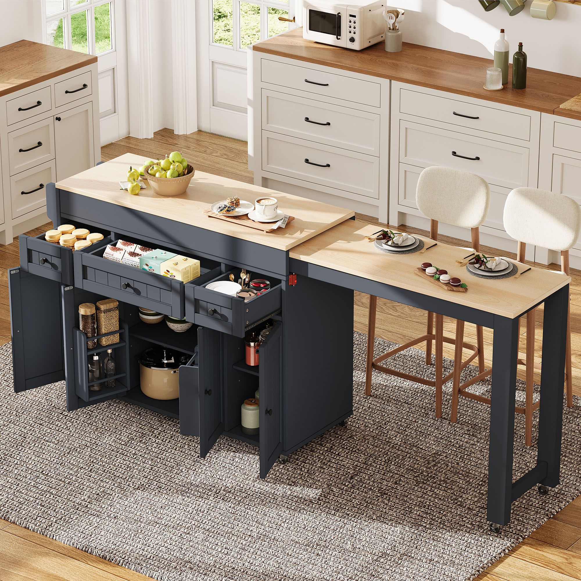 Îlot de cuisine sur roulettes gris avec plan de travail extensible, rangement et tiroirs, en Panneau composite de fibres de bois à densité, pour cuisine et salle à manger