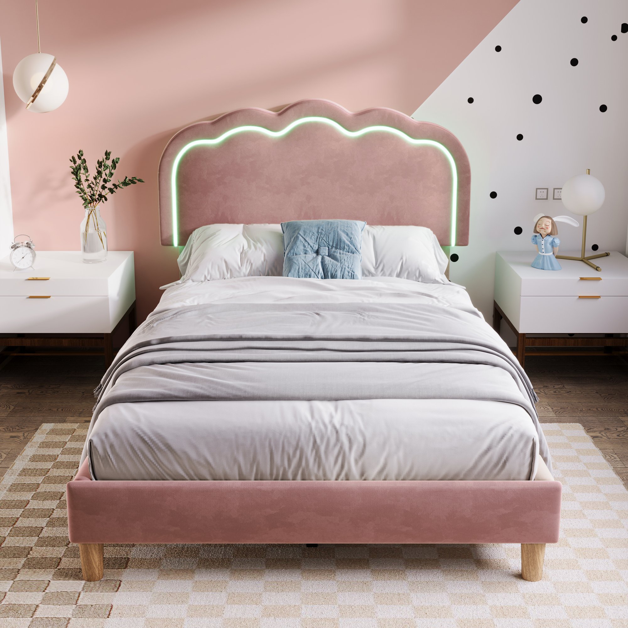 Lit 90x190 avec tête de lit LED musicale et réglable, cadre de lit rembourré en velours rose pour ambiance cosy et design