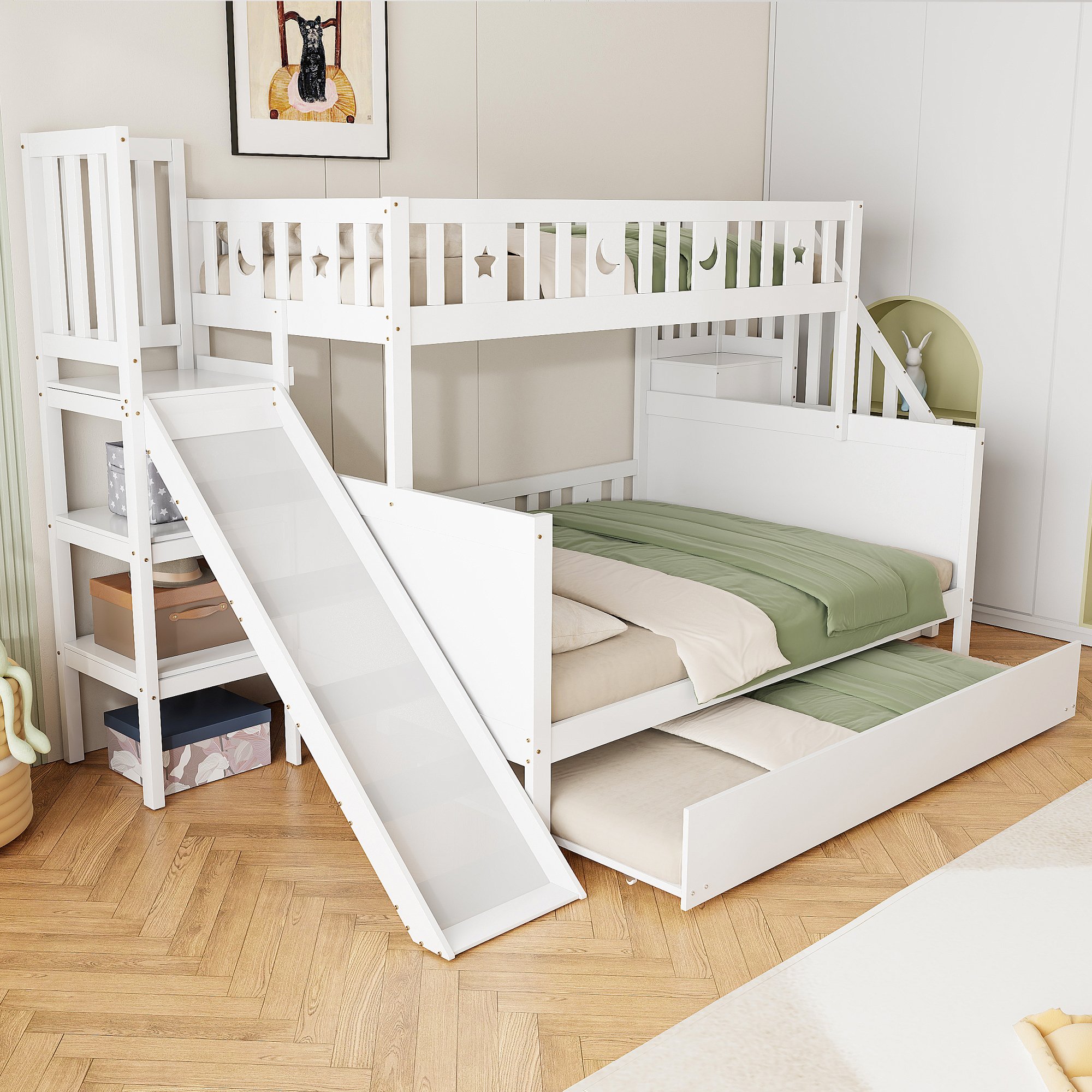 Lit superposé enfant avec toboggan et rangement, 90x200 et 140x200, bois massif blanc, sécurité renforcée