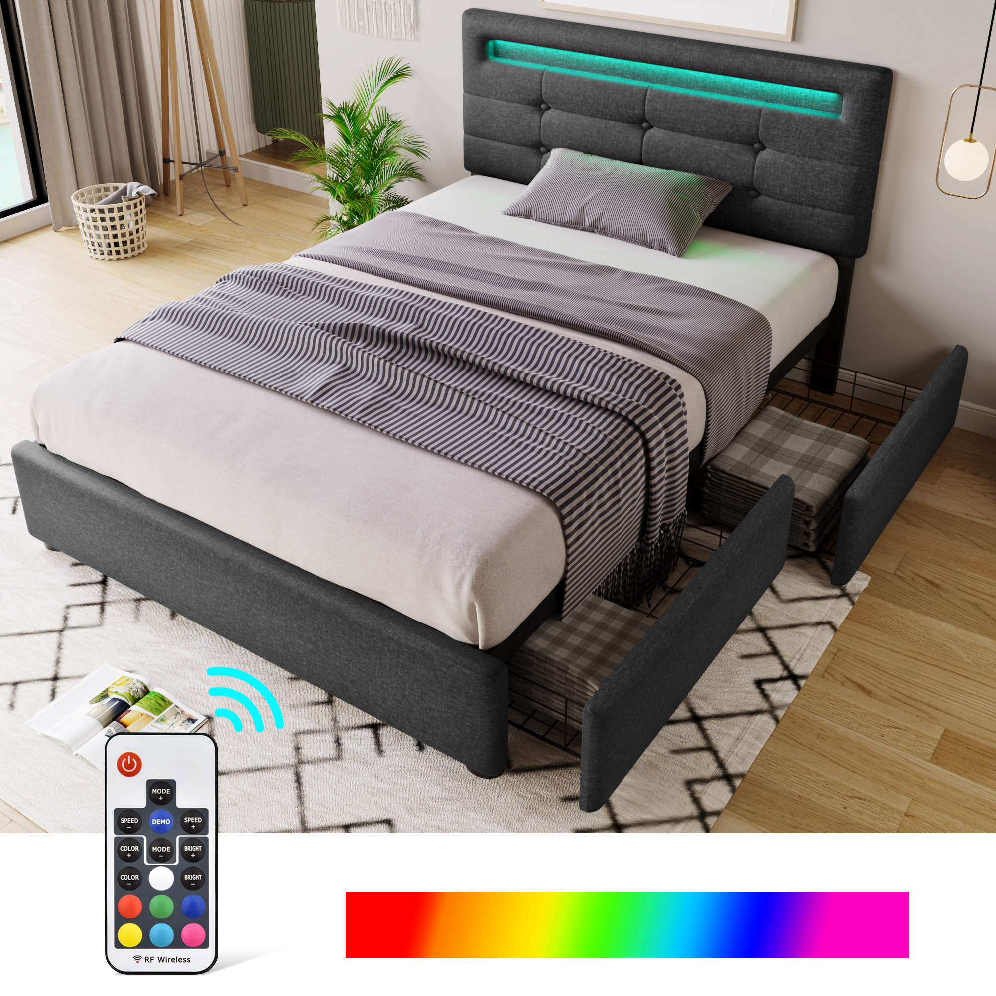 Lit LED 90x200 cm rembourré gris avec tête de lit réglable, sommier à lattes et 2 tiroirs de rangement