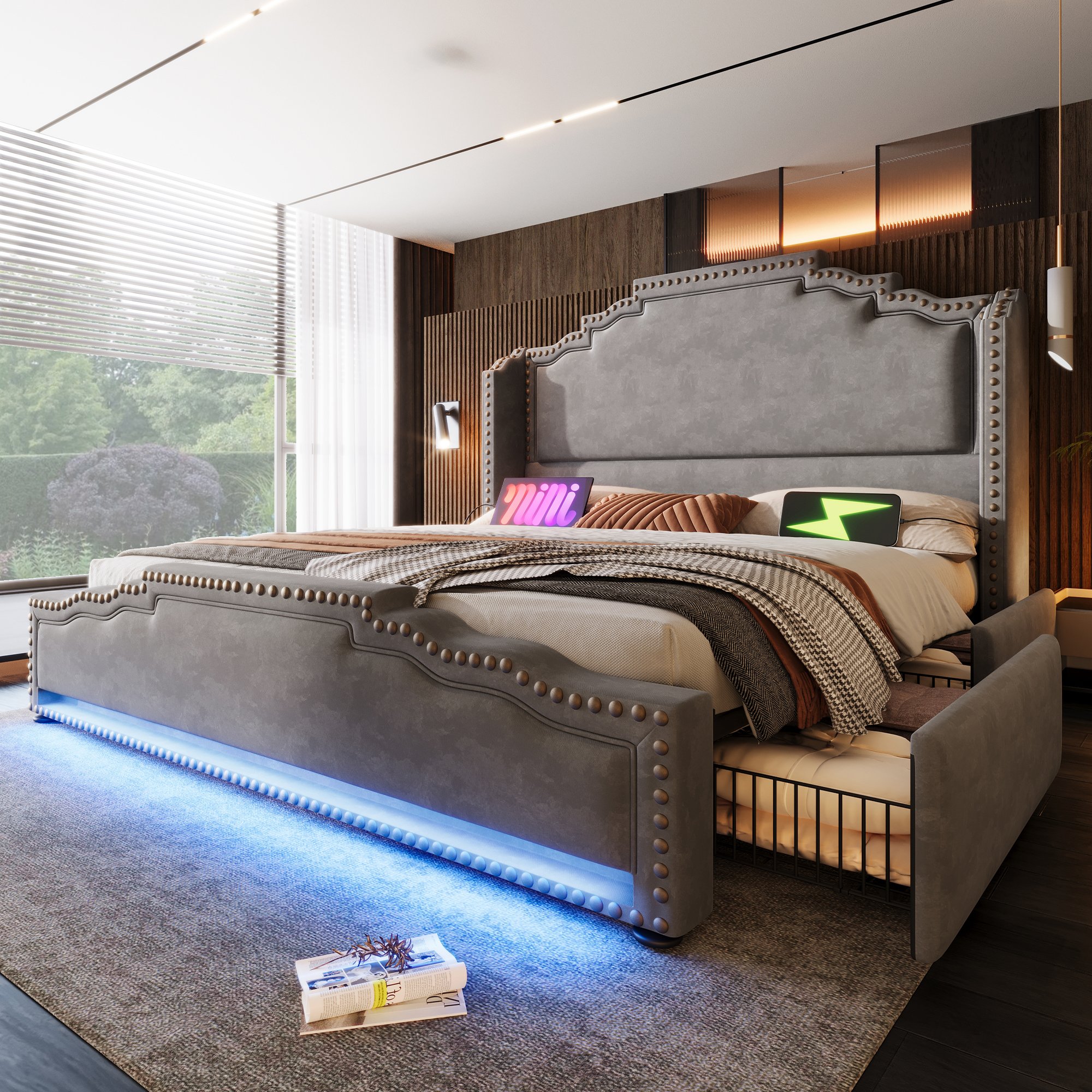 lit coffre 160x200 en métal et velours gris avec tête de lit capitonnée et LED