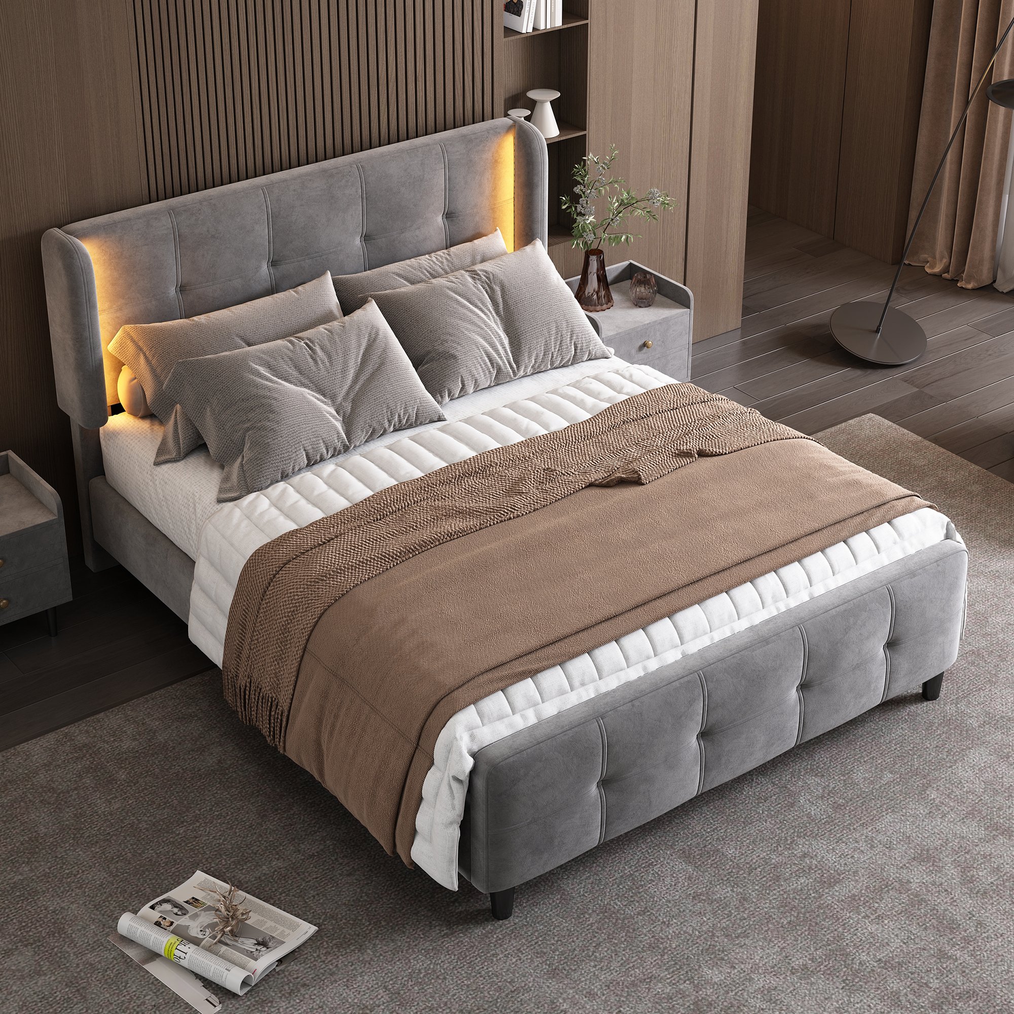 Lit capitonné 140x200 en velours gris avec tête réglable et LED intégrées