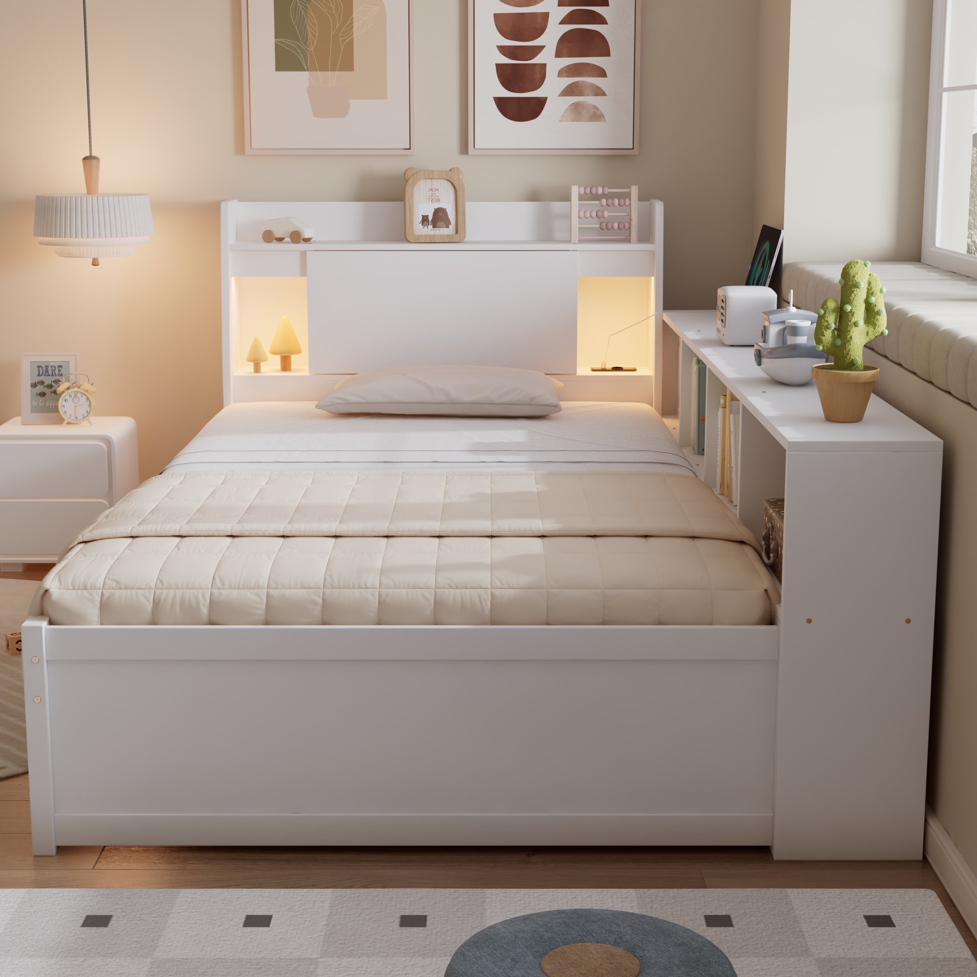 Lit coffre 90x200 blanc en pin avec rangements latéraux, tiroirs, liseuses et prise USB