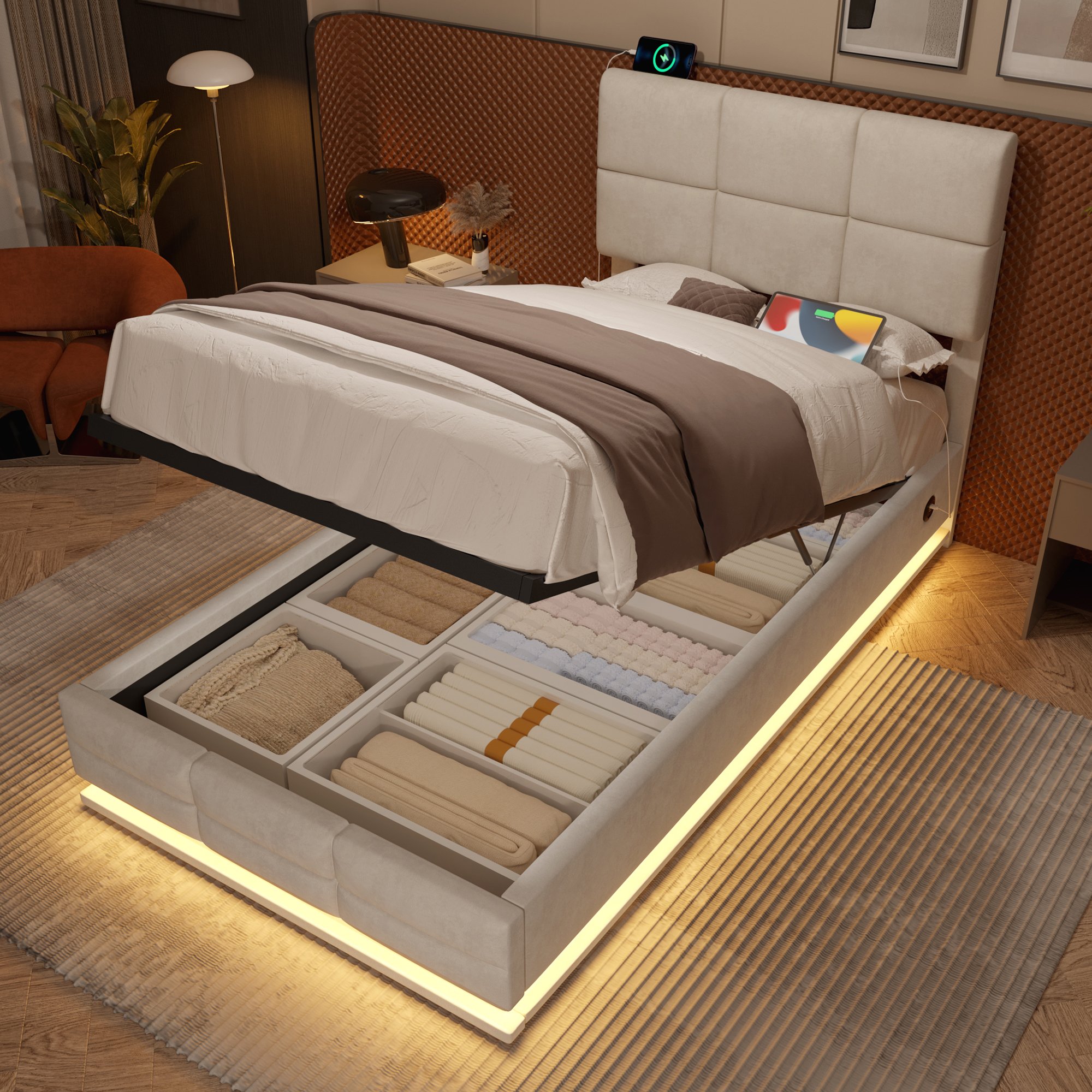 Lit coffre 90x200 en velours beige avec tête de lit réglable, LED, USB et rangement hydraulique