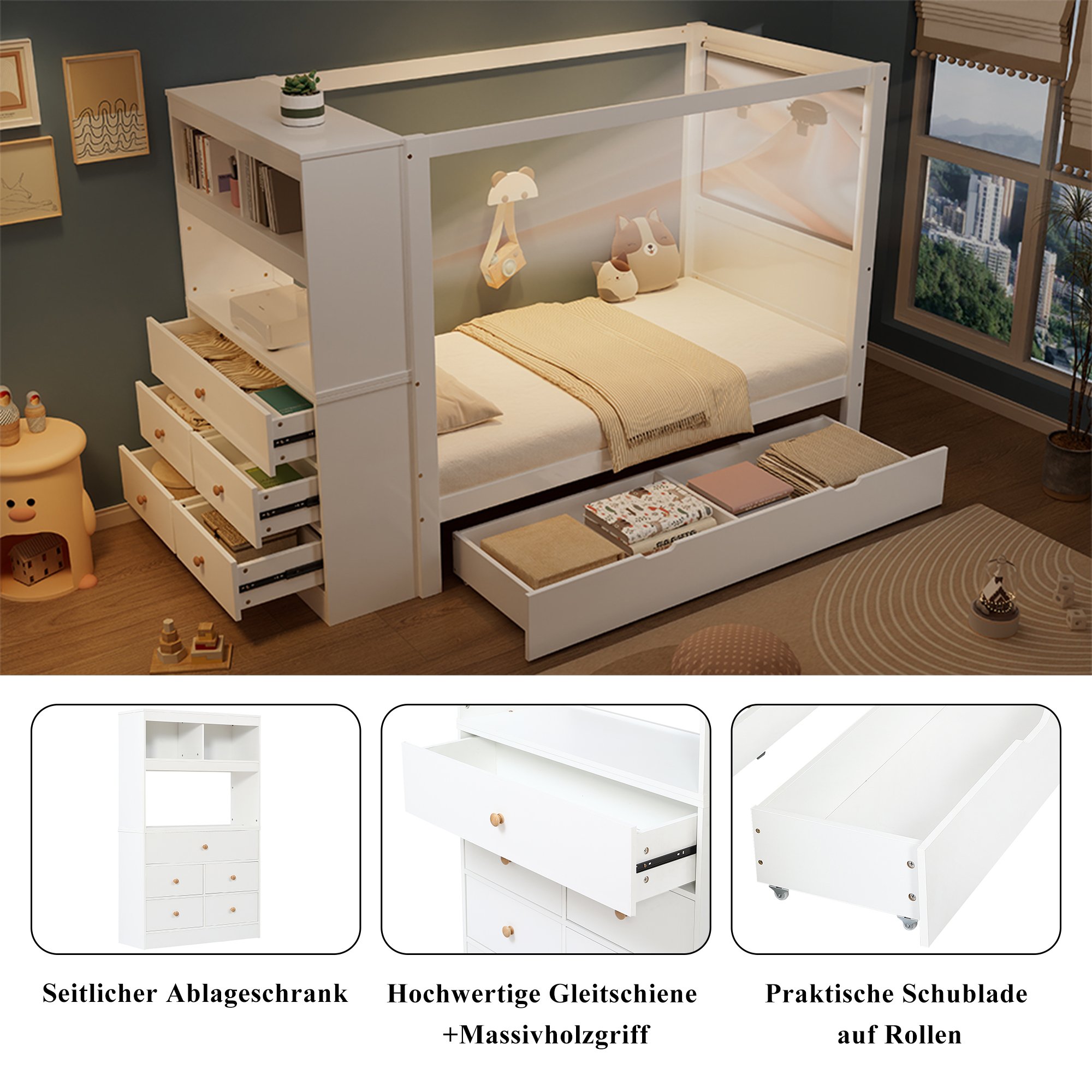 Lit enfant 90x200 avec rangement, barrière de sécurité et armoire à 5 tiroirs, blanc et bois naturel