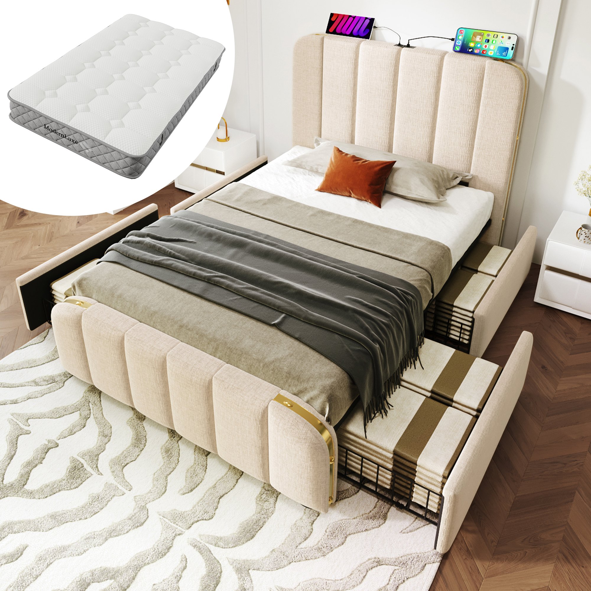 lit coffre 90x200 avec matelas, lin beige, 4 tiroirs roulants, tête de lit rembourrée avec bande dorée et USB