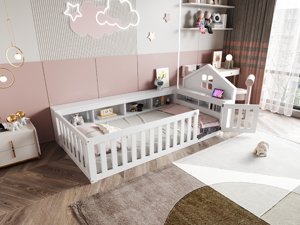 Lit enfant avec rangement 90x200, barrière de sécurité, bois massif blanc, avec sommier