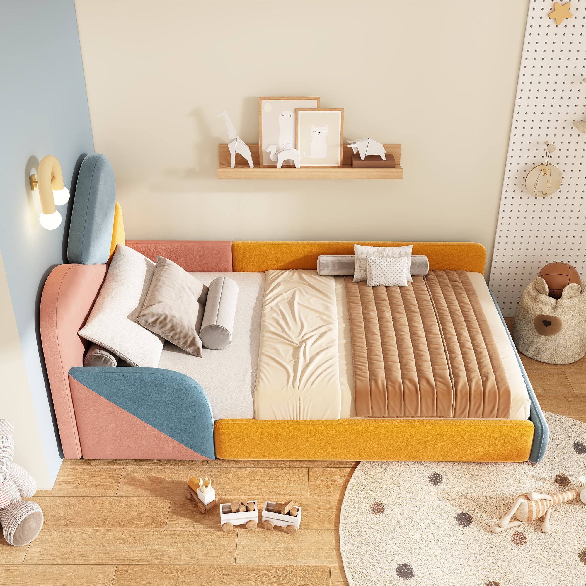 Lit enfant 90x200 cm avec protection latérale, design patchwork bleu, rose et jaune