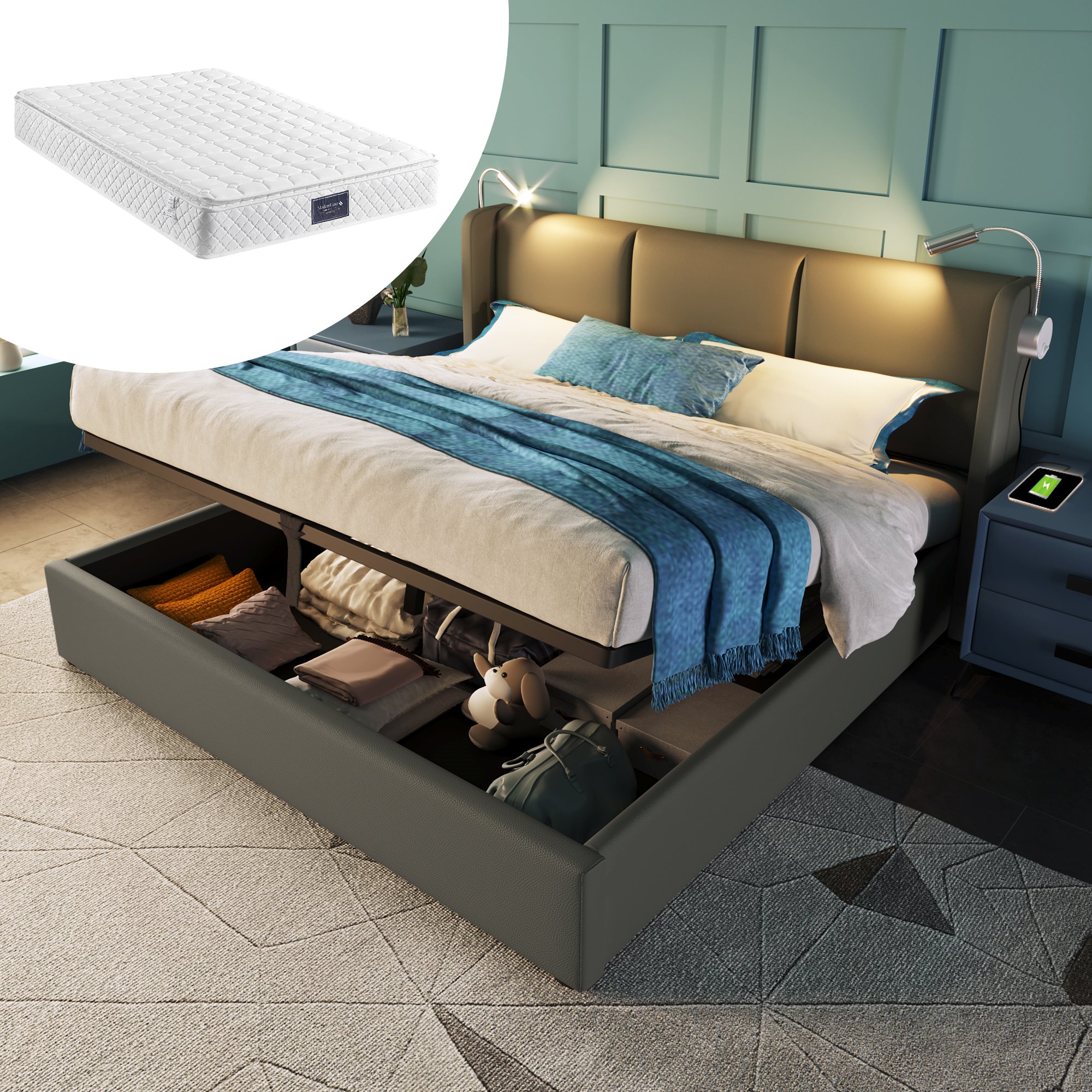 lit coffre 140x200 cm avec rangement profond, tête de lit rembourrée et éclairage LED intégré pour chambre adulte