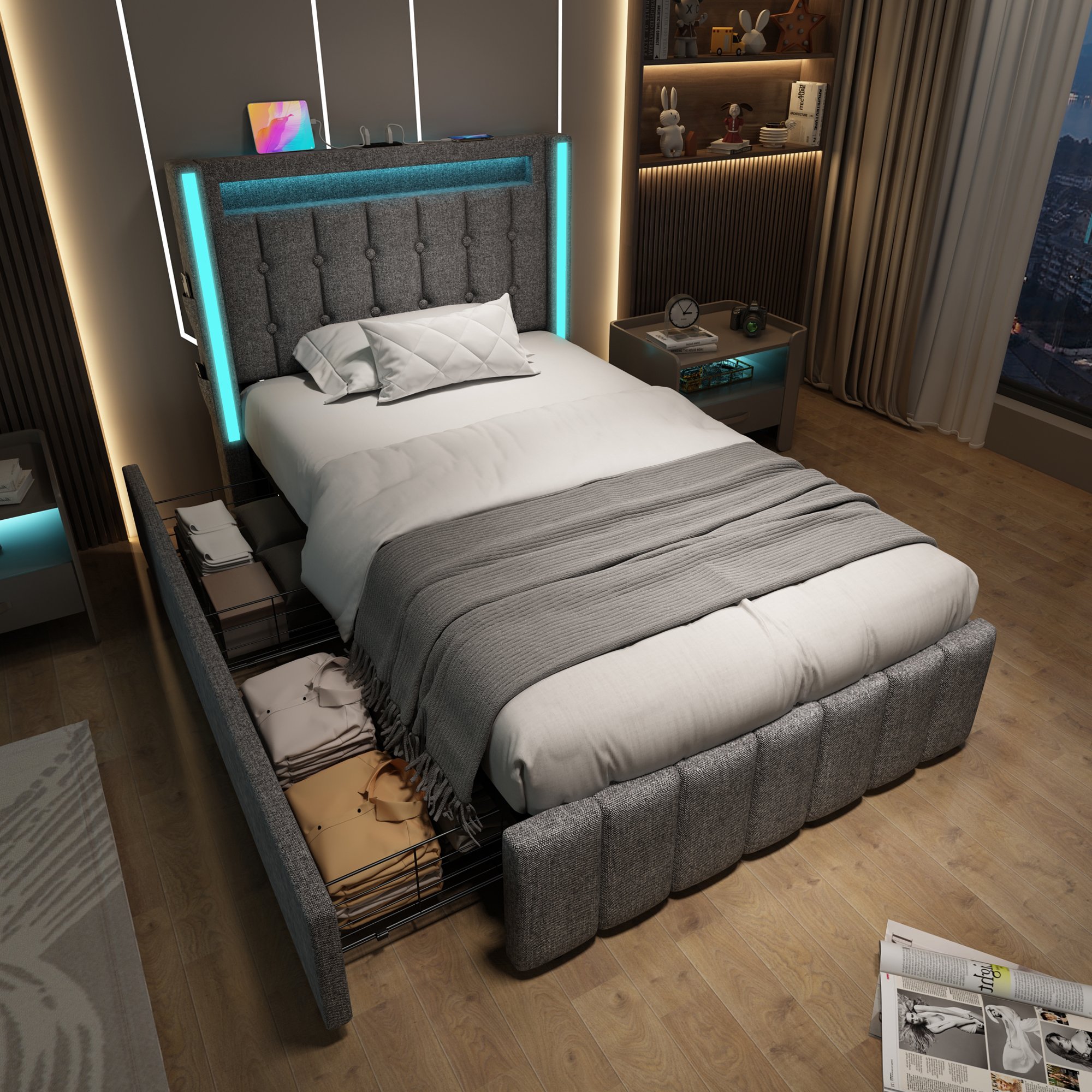 Lit LED 90x200 avec matelas, lit coffre gris rembourré avec sommier à lattes et tiroirs de rangement