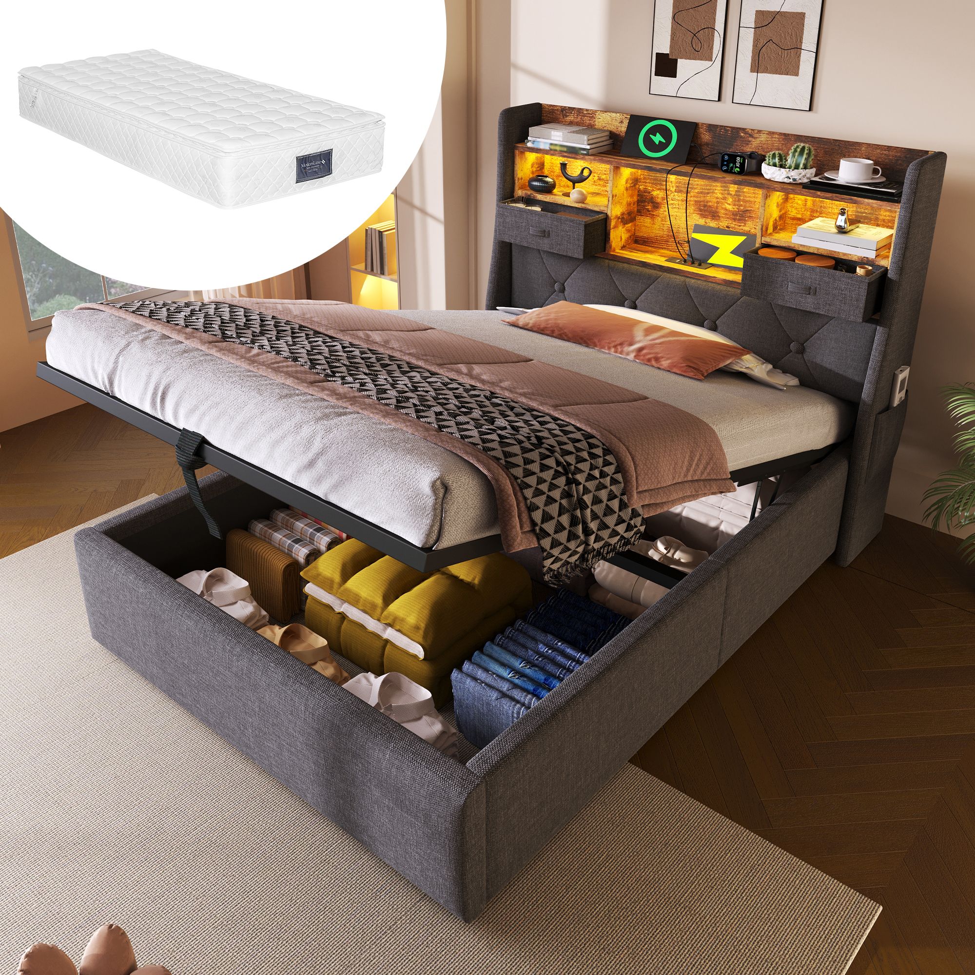 Lit coffre 90x200 avec matelas ressorts ensachés, LED connectée app et stockage sous cadre