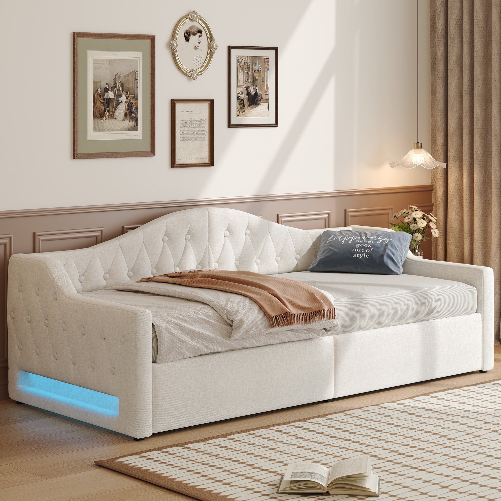Lit coffre 90x200 beige avec rangement, LED et tête de lit rembourrée