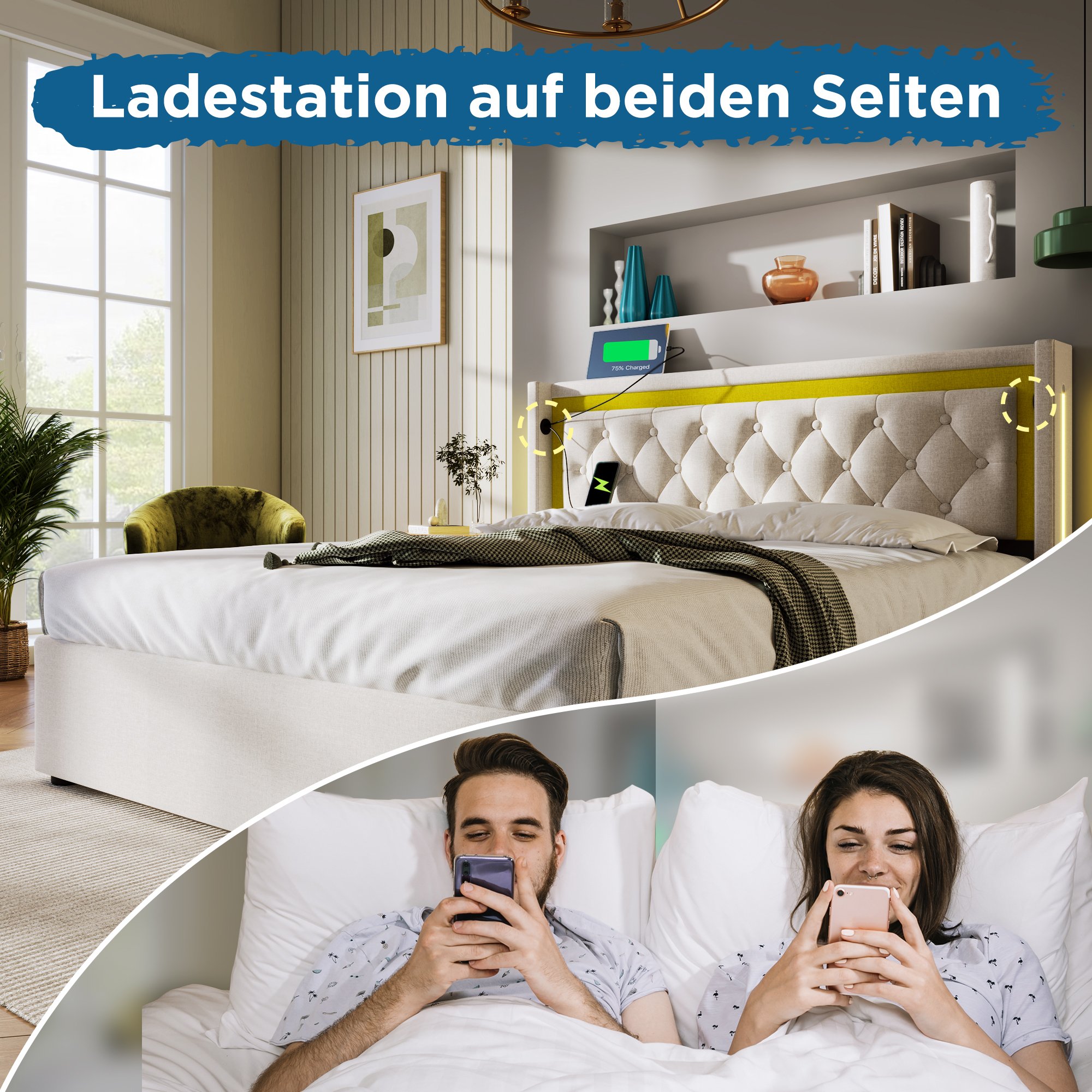 lit coffre 140x200 avec LED télécommande, USB Type-C et rangement hydraulique sous sommier à lattes beige