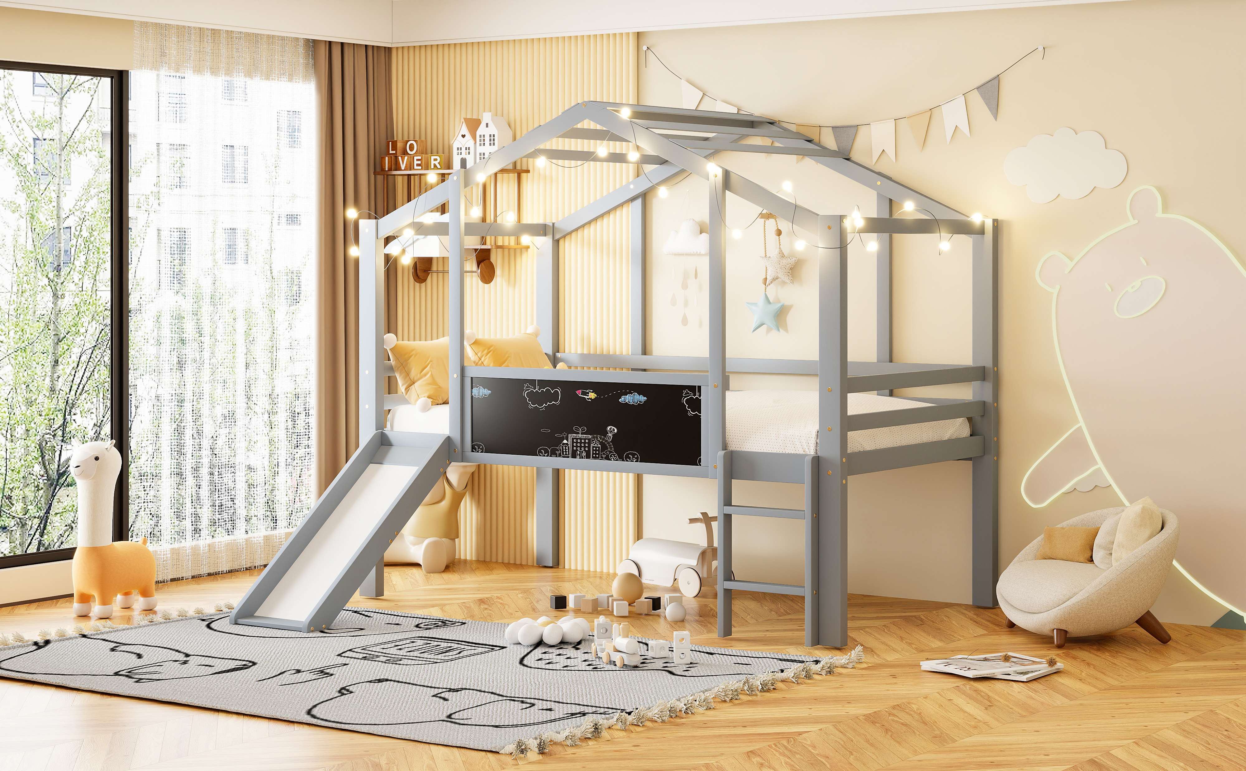 Lit mezzanine 90x200 en bois massif gris avec toboggan, tableau noir et échelle pour enfant