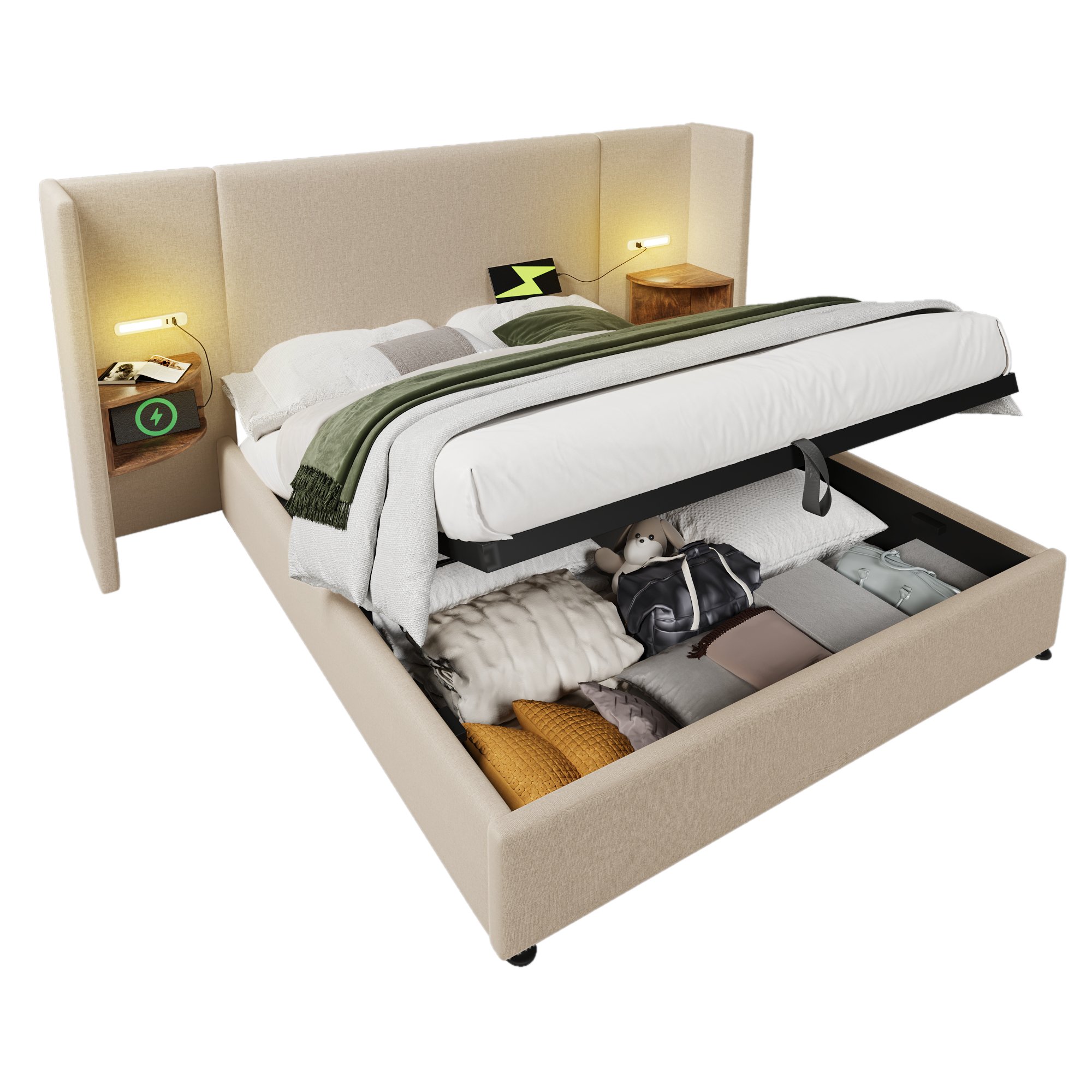 lit coffre double 160x200 beige en lin, structure métal et bois massif avec sommier à lattes intégré et rangement hydraulique