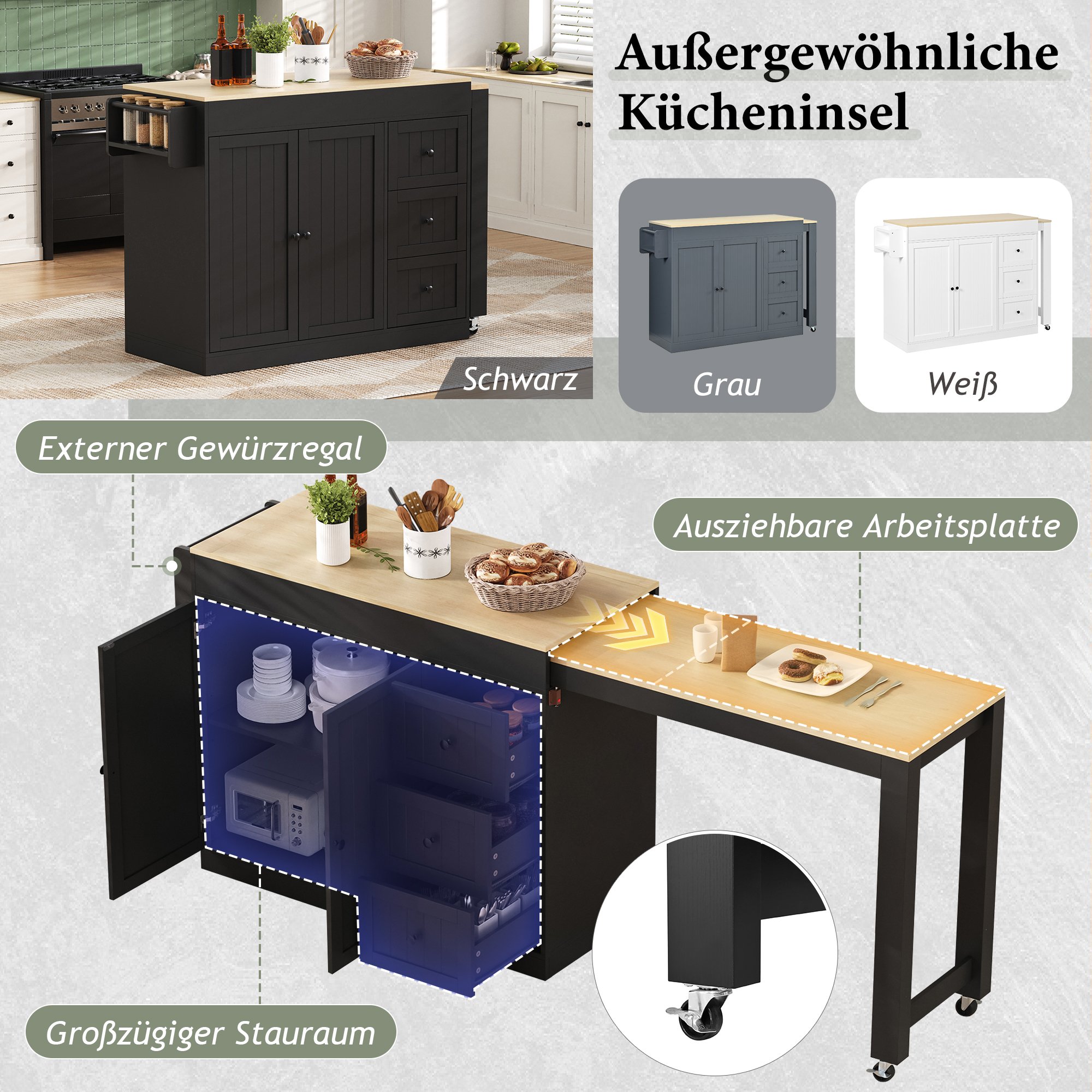 Îlot de cuisine sur roulettes noir 112-186,8 cm avec rangement, plan extensible et tiroirs, Panneau composite de fibres de bois à densité, pour cuisine et salle à manger