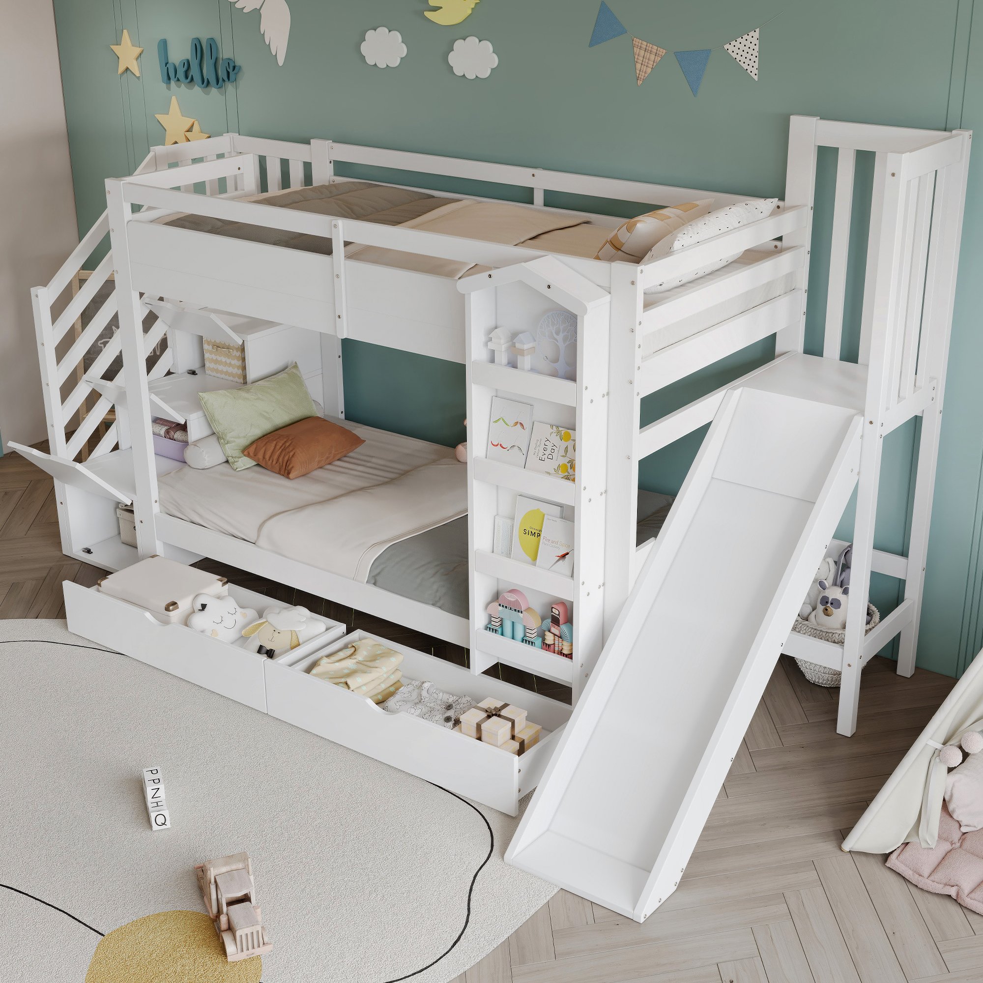 Lit superposé 90x200 cm avec rangement, toboggan et échelle de rangement, blanc