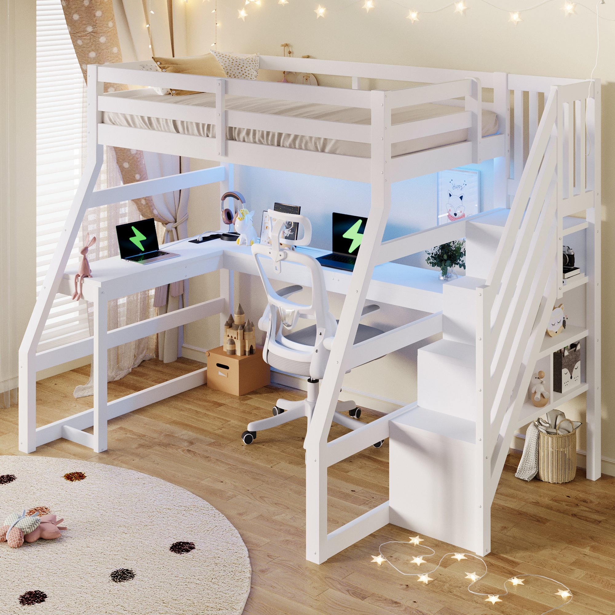 Lit mezzanine avec bureau intégré, LED et rangement dans l'escalier, couchage 90x200