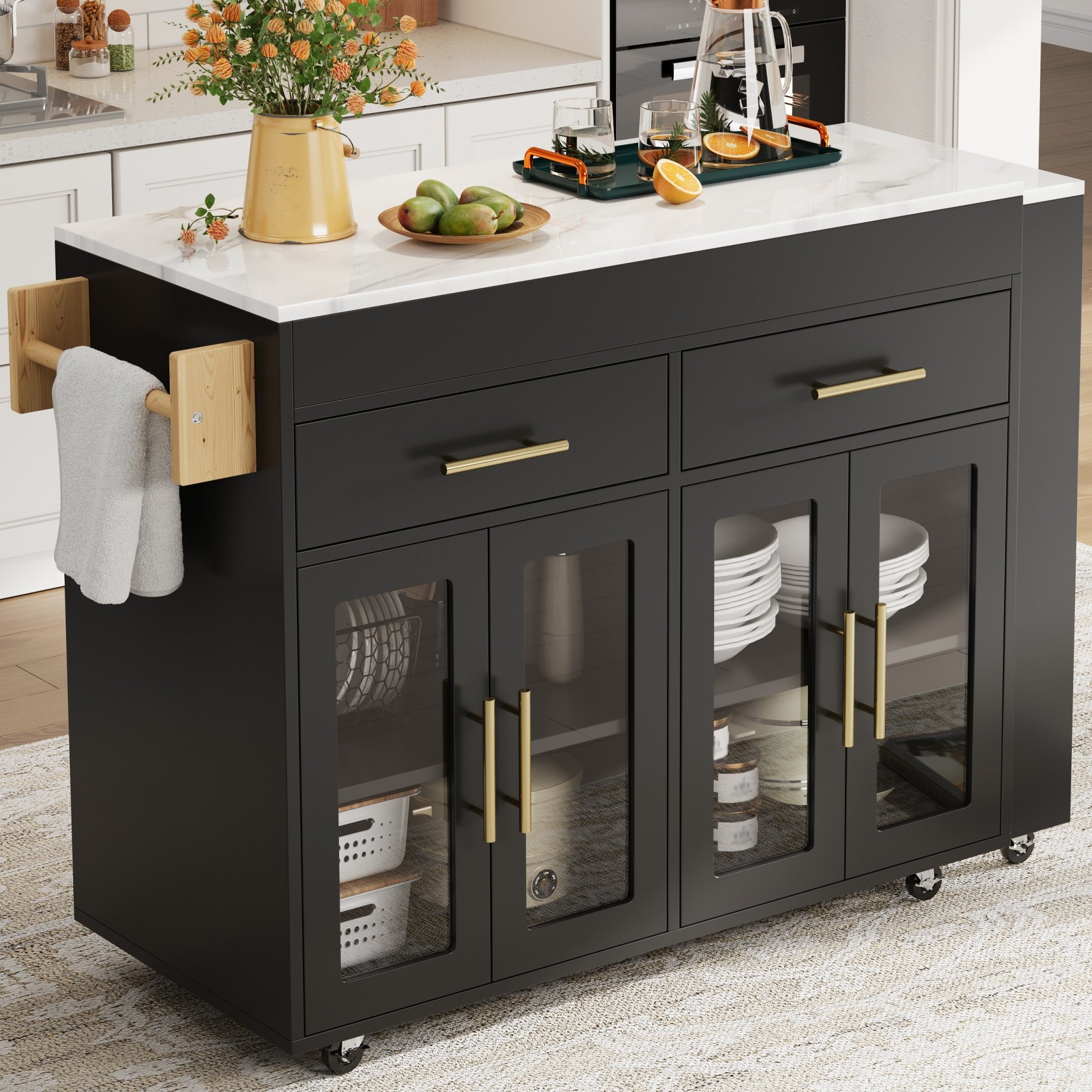 Îlot de cuisine en Panneau composite de fibres de bois à densité avec plan de travail en marbre blanc, structure noire, dimensions 132,5-217 x 50 x 93 cm, avec rangement