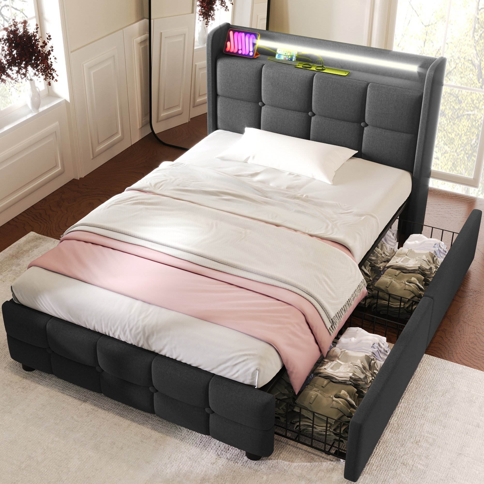 Lit coffre 90x200 avec LED, USB et prises électriques, cadre de lit simple avec 2 tiroirs de rangement gris