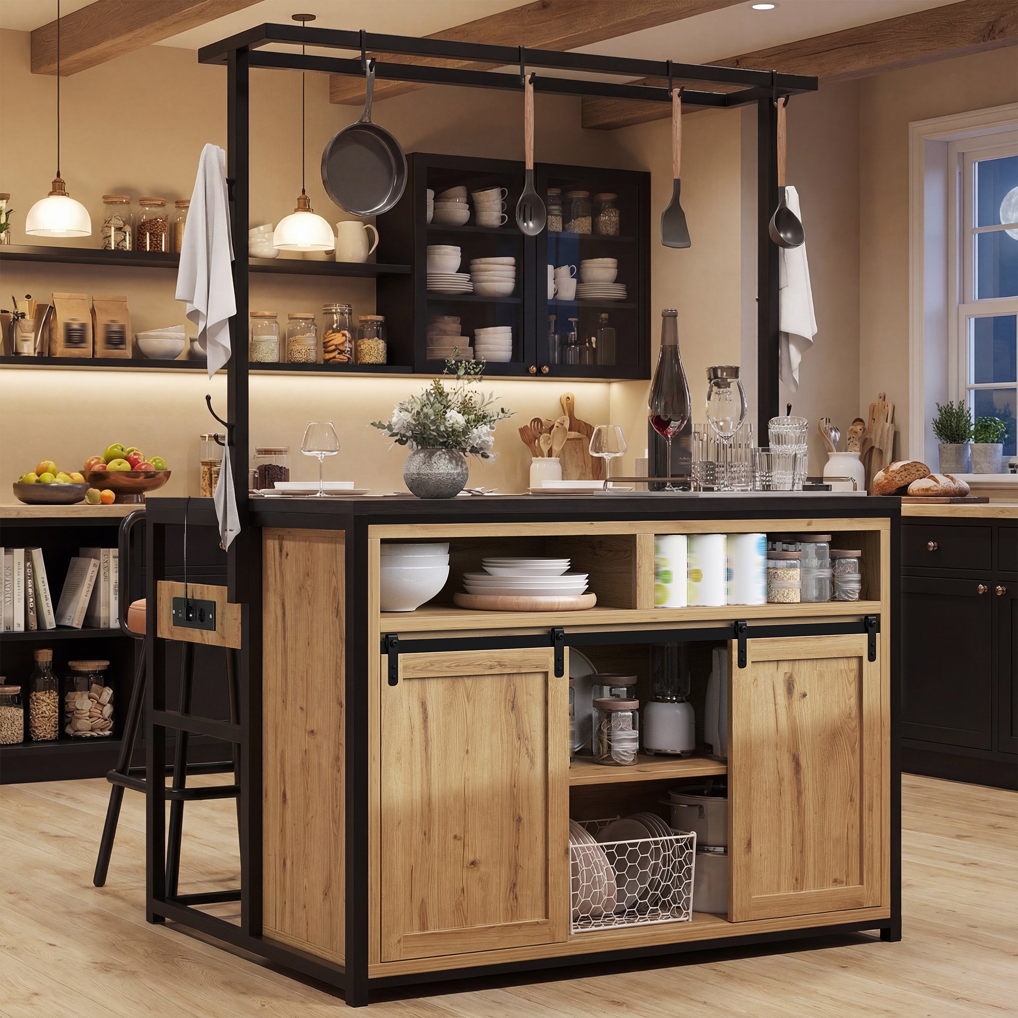 Îlot de cuisine avec rangement et prise électrique, 107x62x183 cm, bois et métal, noir, pour cuisine et salle à manger