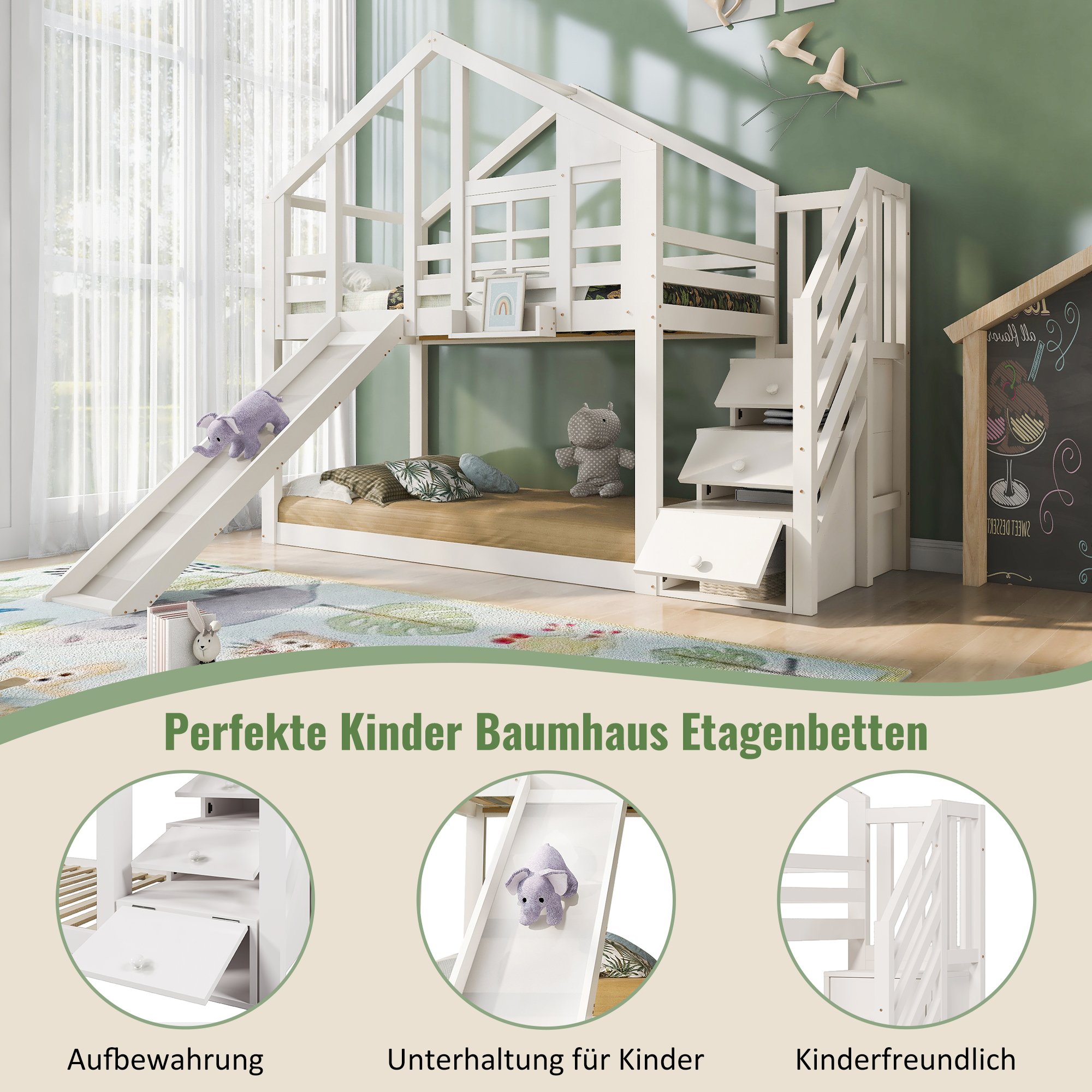 lit superposé enfant 90x200 cm en pin massif blanc avec toboggan, escalier sécurisé et rangements intégrés