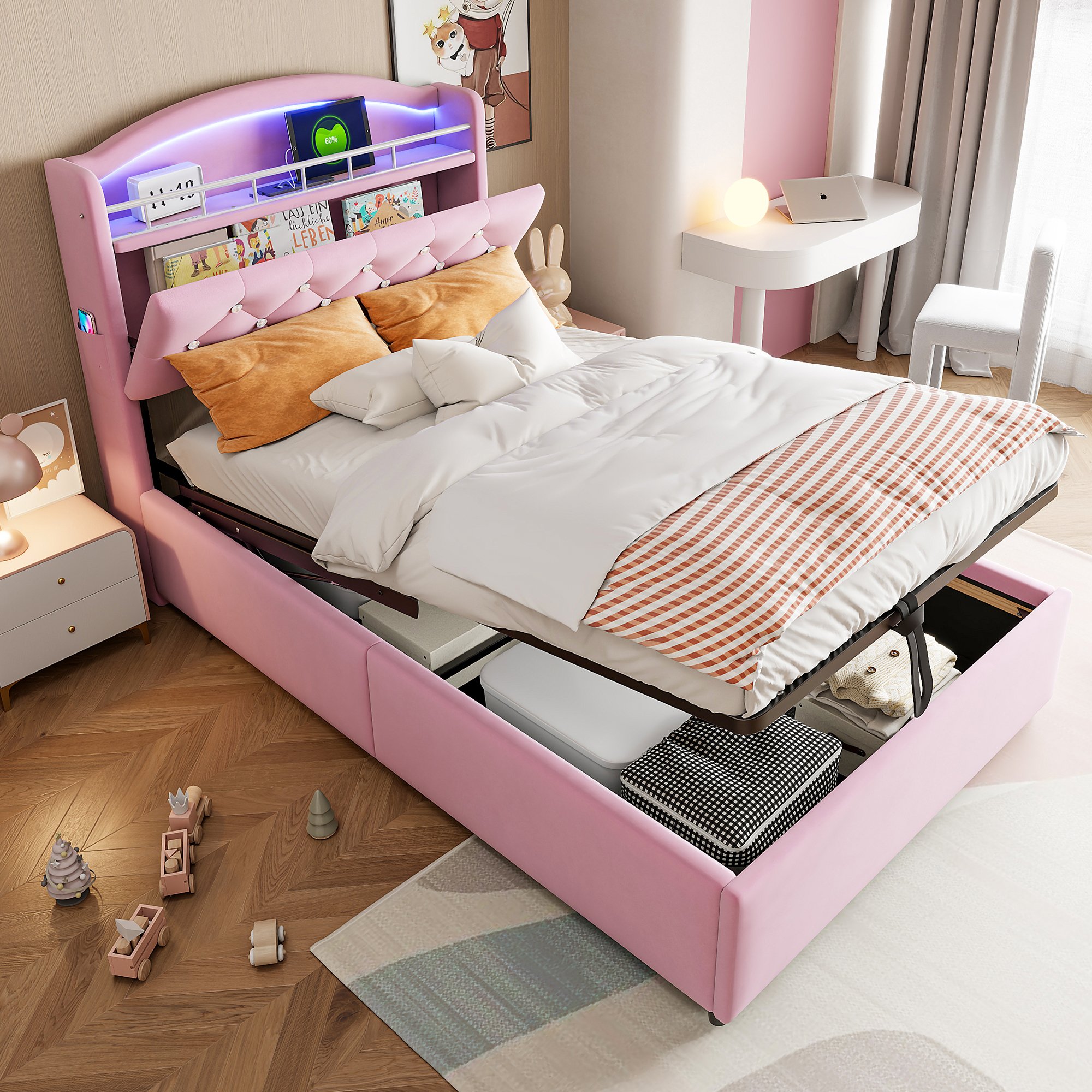 Lit coffre 90x200 en velours rose, structure métallique et sommier à lattes, avec rangement