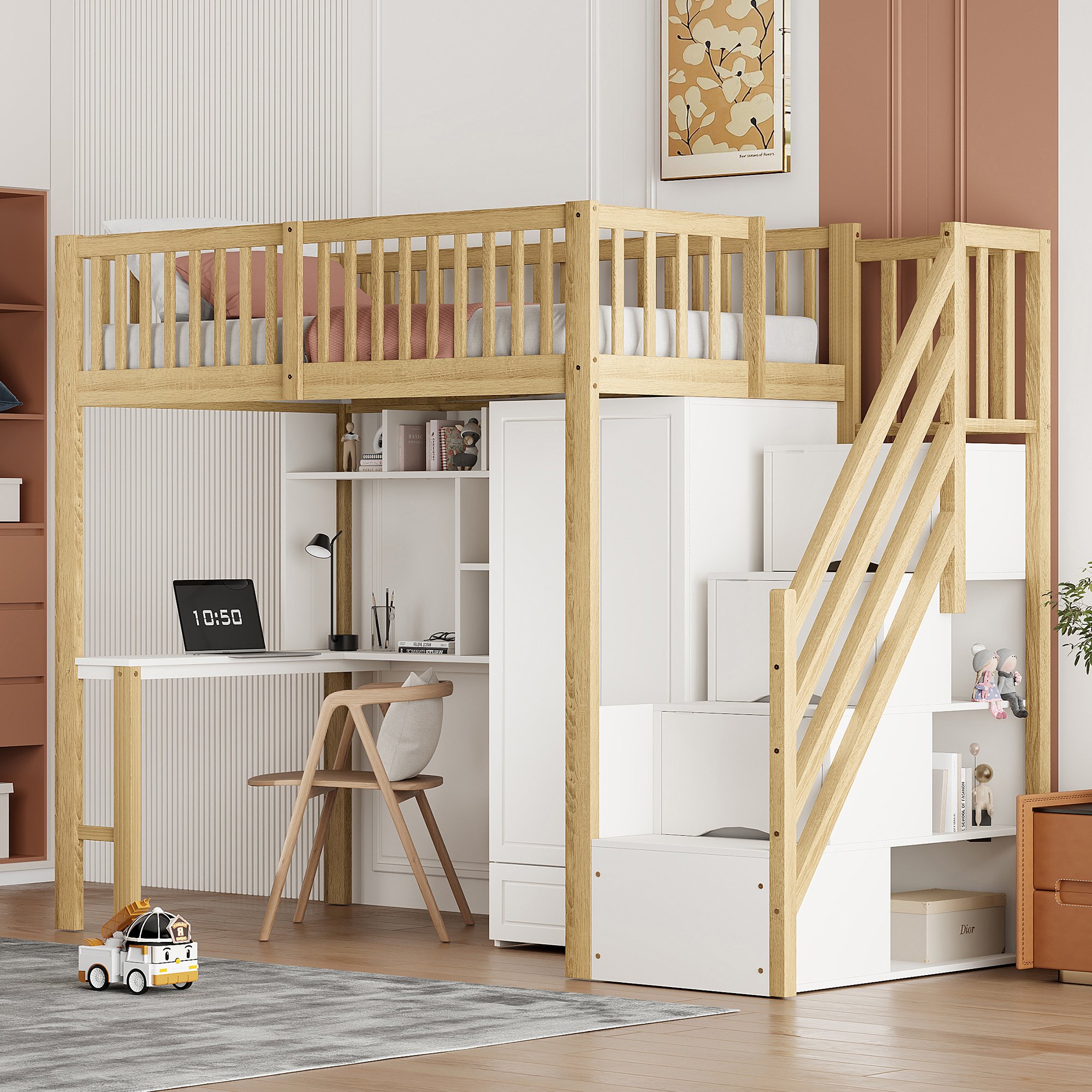 Lit mezzanine 90x200 avec rangement et bureau, escalier avec tiroirs, bois massif