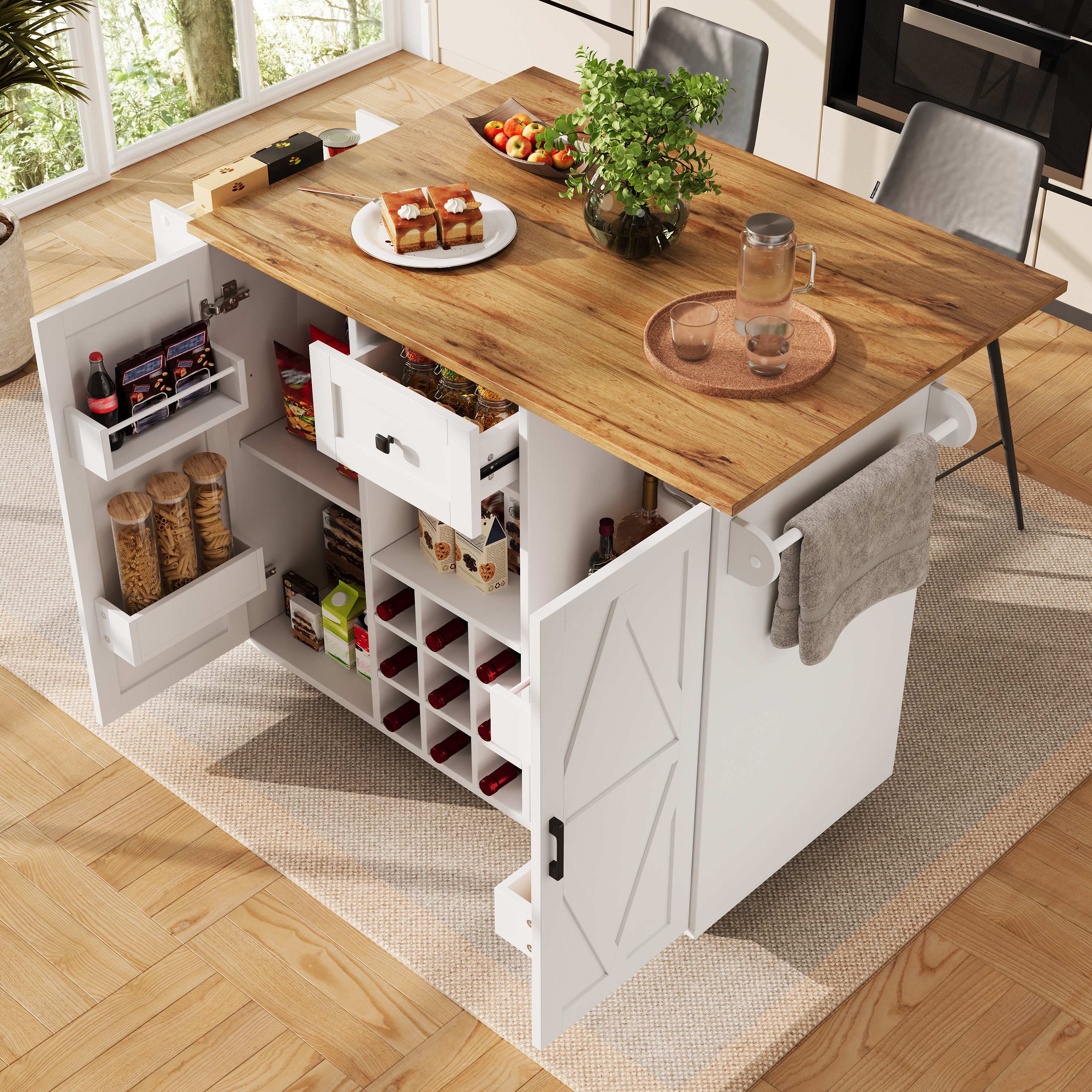 Îlot de cuisine en Panneau composite de fibres de bois à densité blanc avec structure en métal, rangement et roulettes, dimensions 137,5 x 65 x 95,6 cm